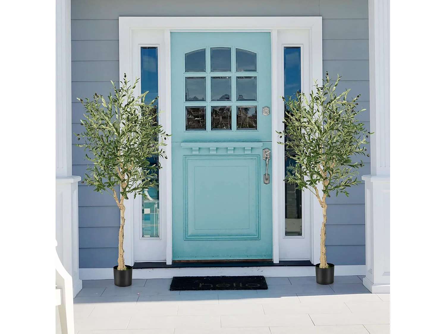 Set van 2 kunstplanten, kunstolijfboom, 182 cm, kamerplant met cementpot en natuurlijke bladeren en 72 vruchten, kunstboom voor tuin, kantoor,kunstplanten, groen