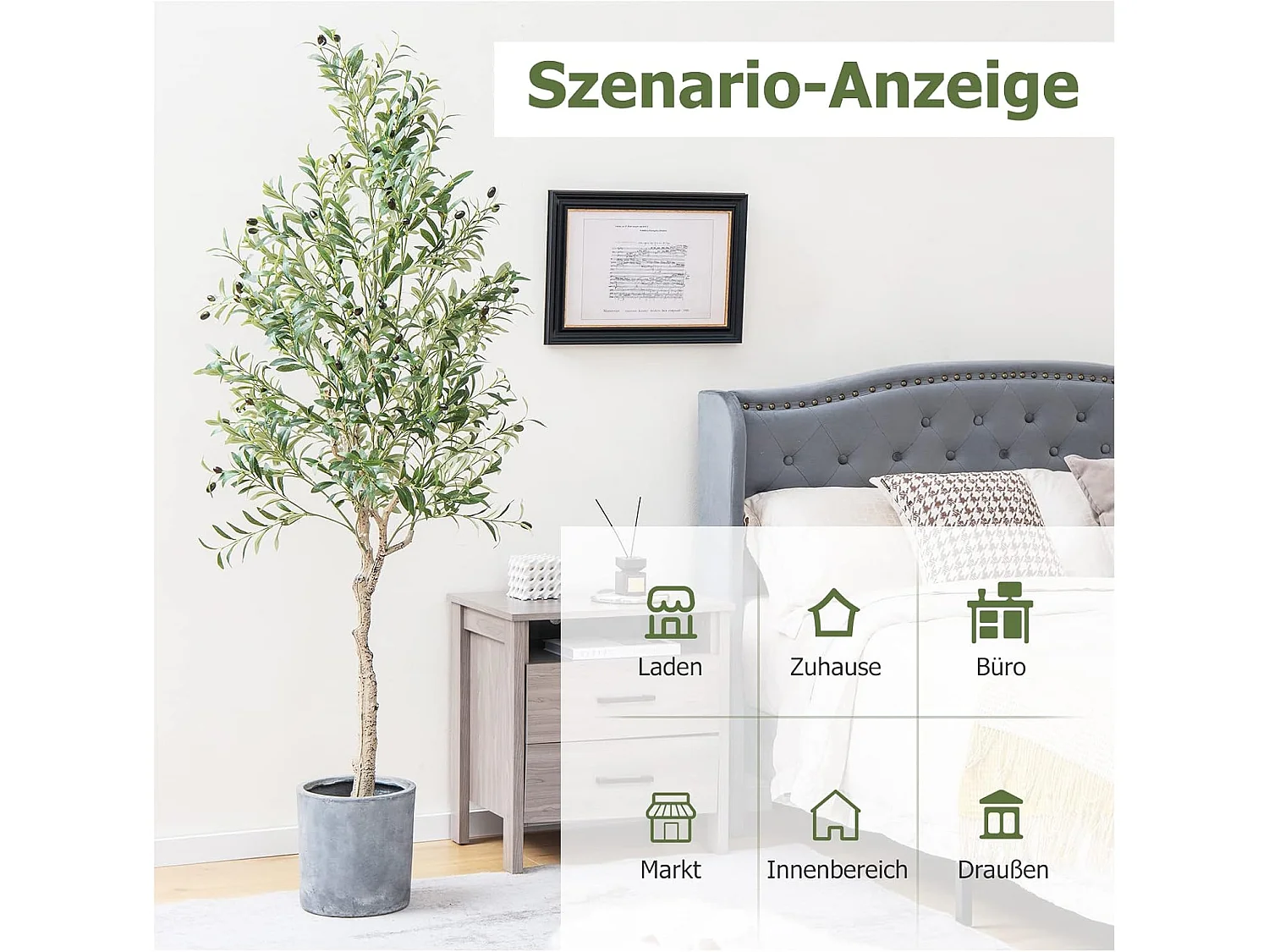 Set van 2 kunstplanten, kunstolijfboom, 182 cm, kamerplant met cementpot en natuurlijke bladeren en 72 vruchten, kunstboom voor tuin, kantoor,kunstplanten, groen