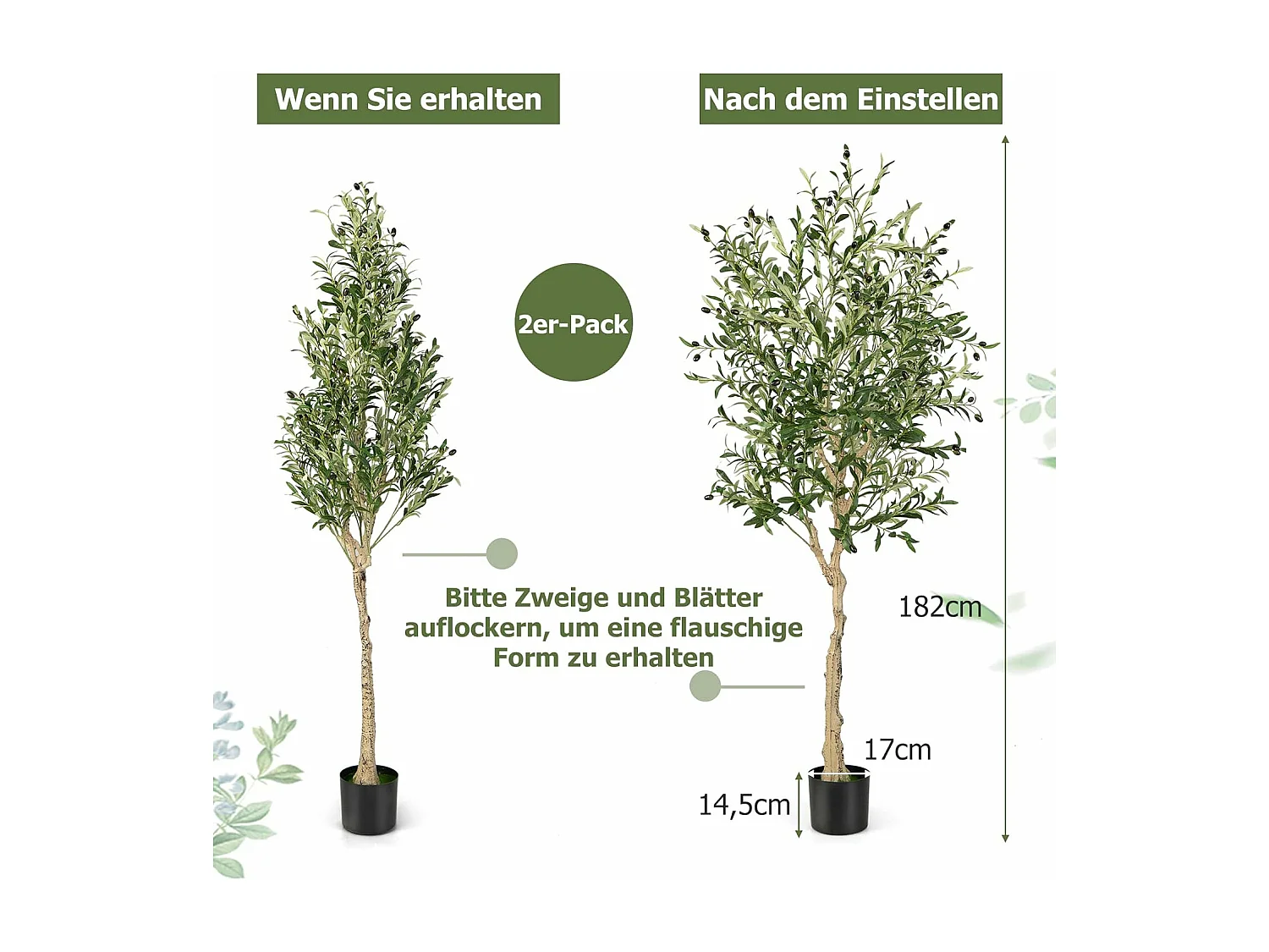 Set van 2 kunstplanten, kunstolijfboom, 182 cm, kamerplant met cementpot en natuurlijke bladeren en 72 vruchten, kunstboom voor tuin, kantoor,kunstplanten, groen