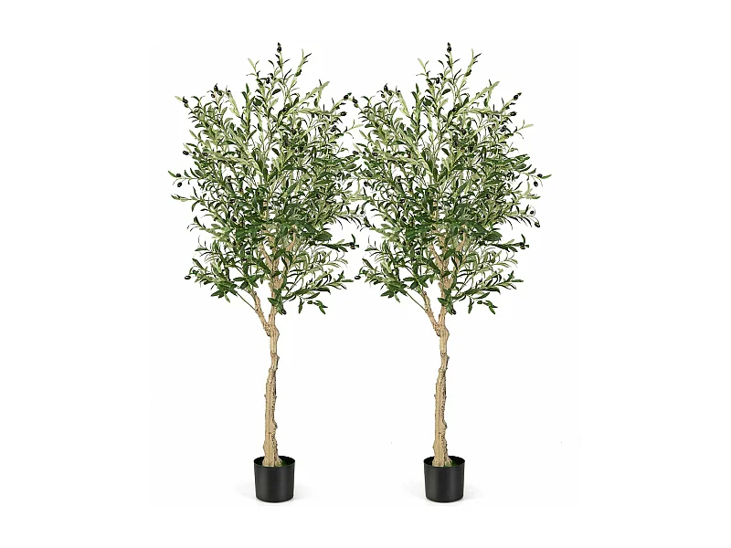 Set van 2 kunstplanten, kunstolijfboom, 182 cm, kamerplant met cementpot en natuurlijke bladeren en 72 vruchten, kunstboom voor tuin, kantoor,kunstplanten, groen