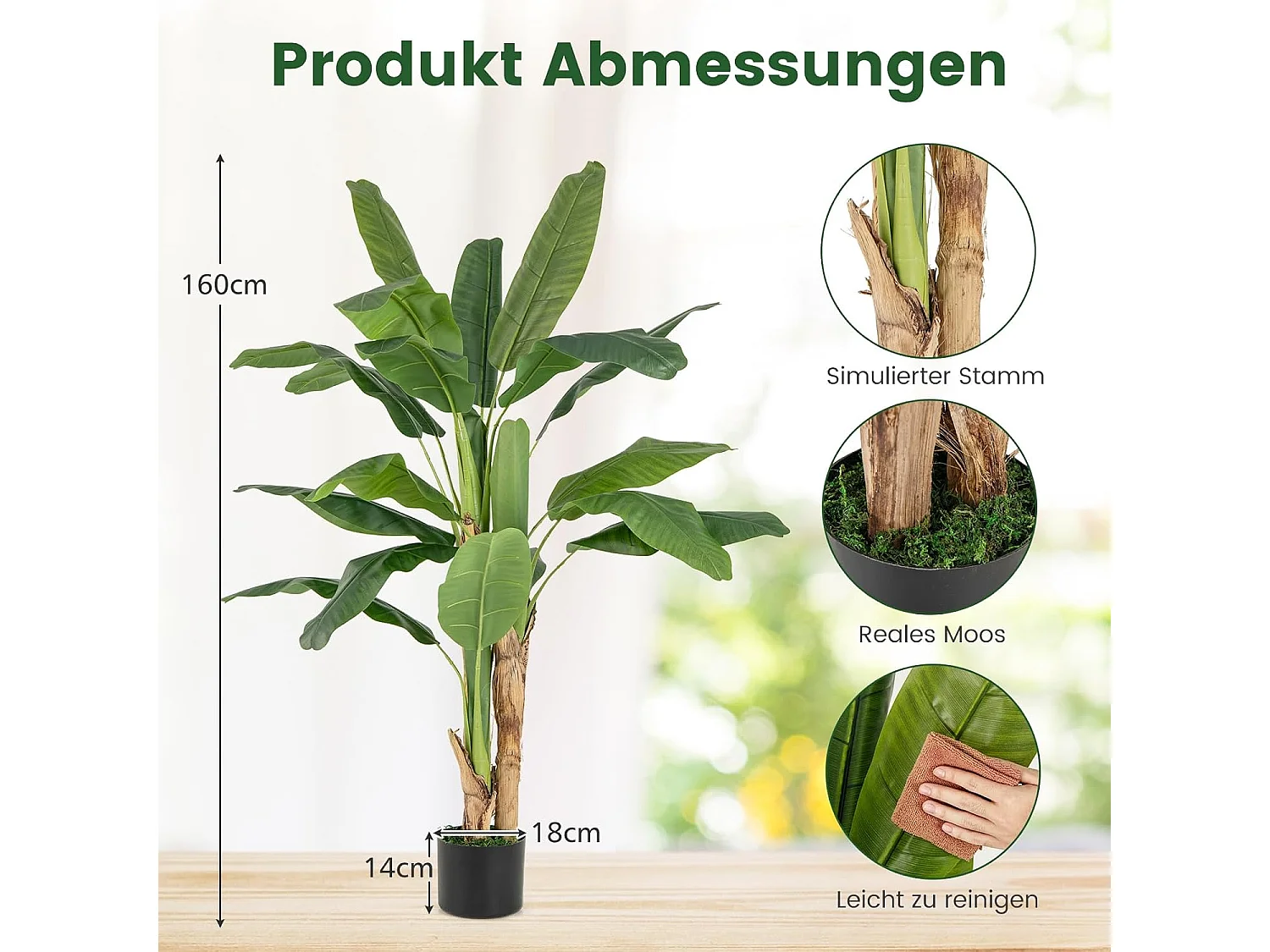 160 cm kunstplant tropische palm, kunstmatige paradijsvogel plant,kamerplant met stabiele pot en 18 bladeren,bananenboom voor tuin,kantoor, kamer, decoratie, groen