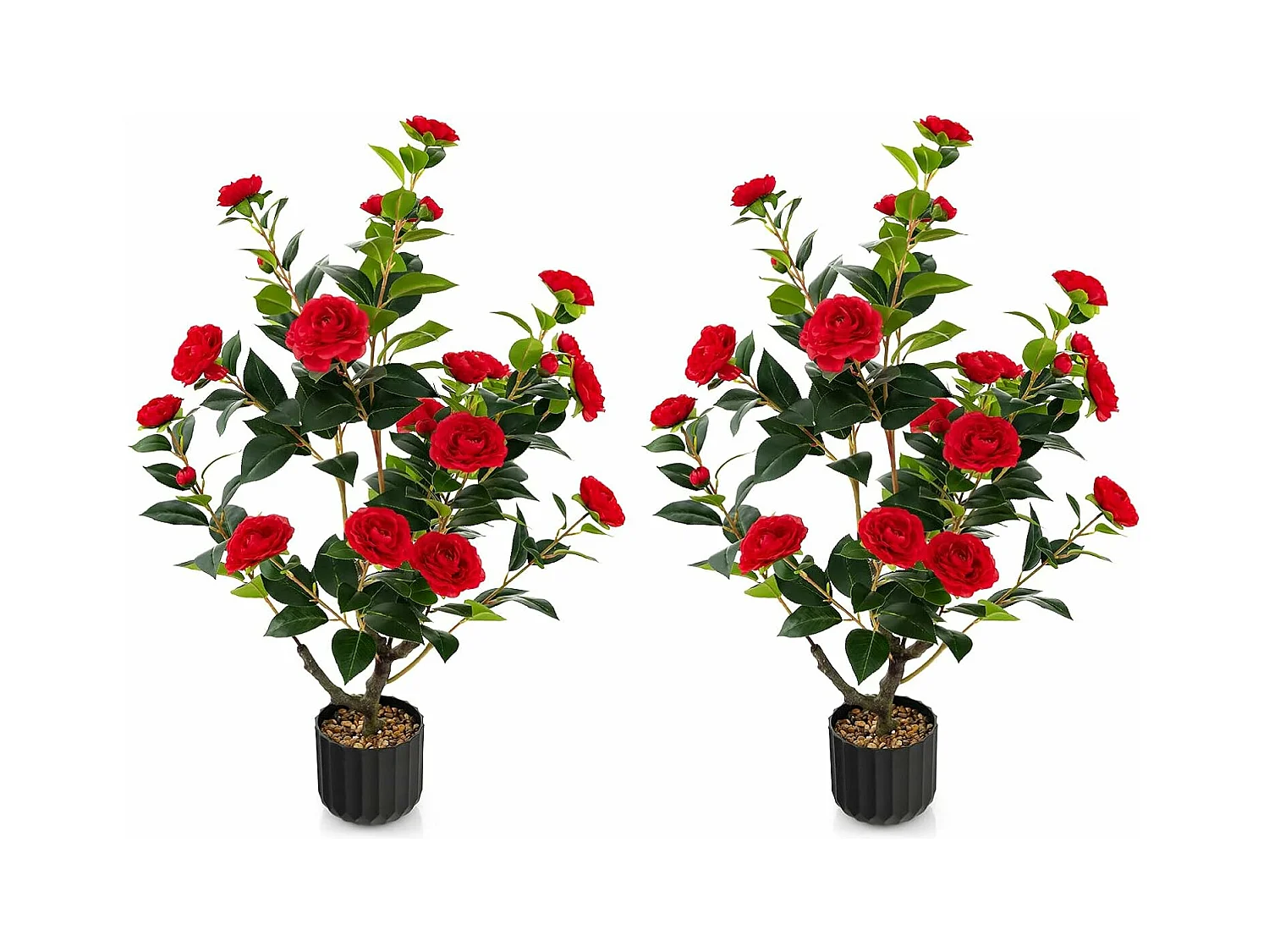 Set van 2 kunstboom met bloemen 95 cm, kunstmatige cameliaboom, kunstplant in pot, cameliaplant met 24 bloemen en natuurlijke stam,decoratieve plant (2, rood)