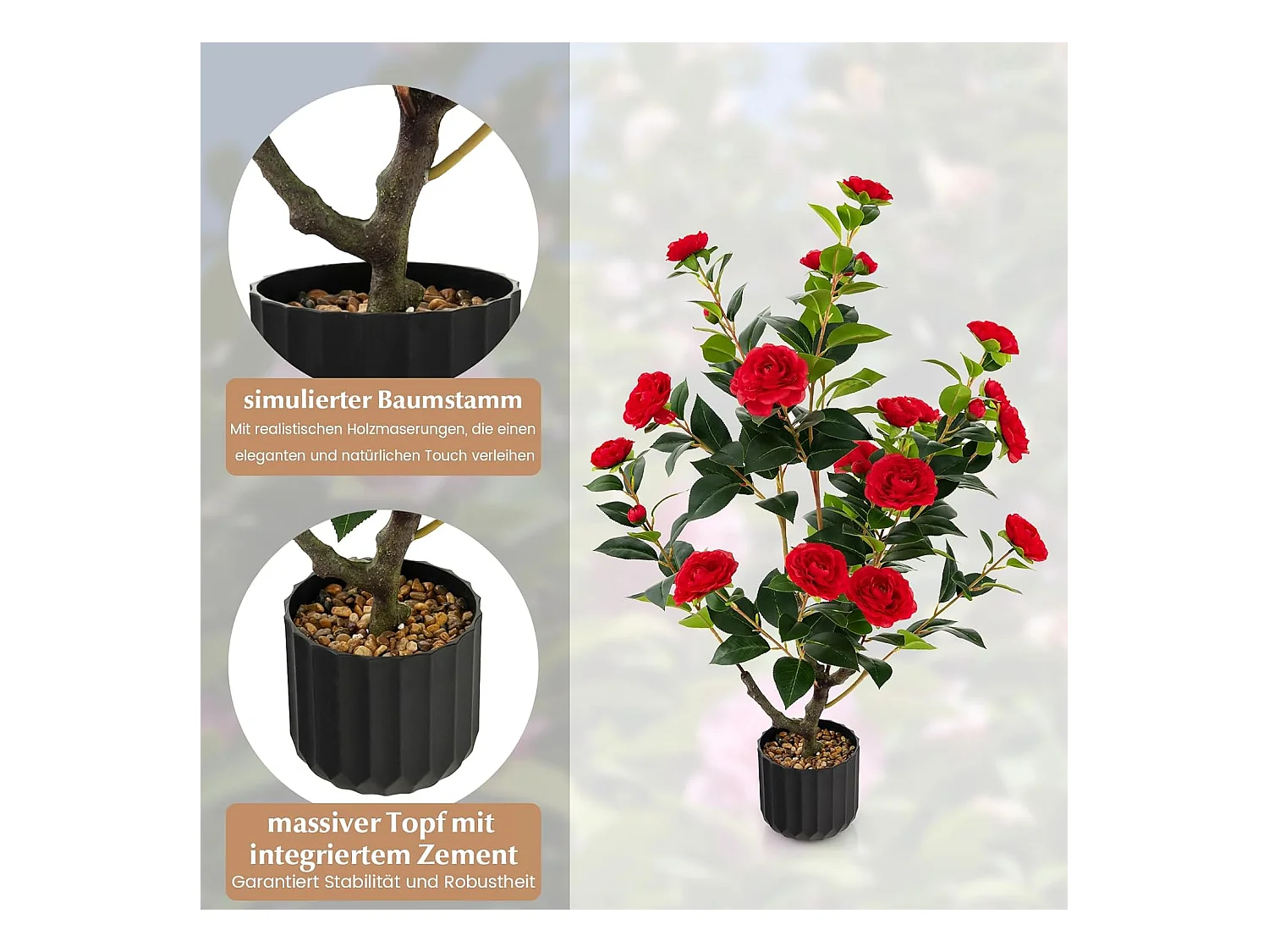 Set van 2 kunstboom met bloemen 95 cm, kunstmatige cameliaboom, kunstplant in pot, cameliaplant met 24 bloemen en natuurlijke stam,decoratieve plant (2, rood)