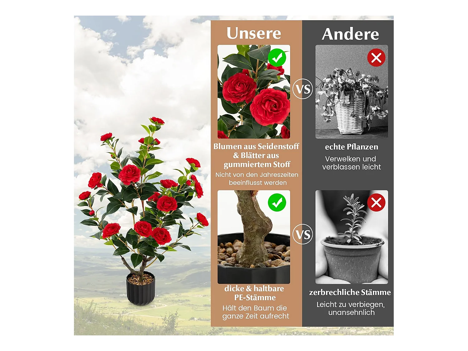 Set van 2 kunstboom met bloemen 95 cm, kunstmatige cameliaboom, kunstplant in pot, cameliaplant met 24 bloemen en natuurlijke stam,decoratieve plant (2, rood)