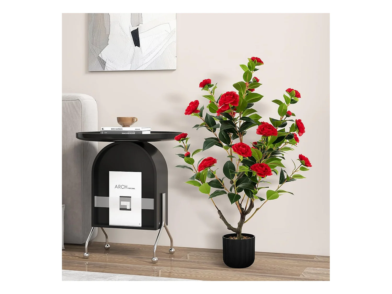 Set van 2 kunstboom met bloemen 95 cm, kunstmatige cameliaboom, kunstplant in pot, cameliaplant met 24 bloemen en natuurlijke stam,decoratieve plant (2, rood)