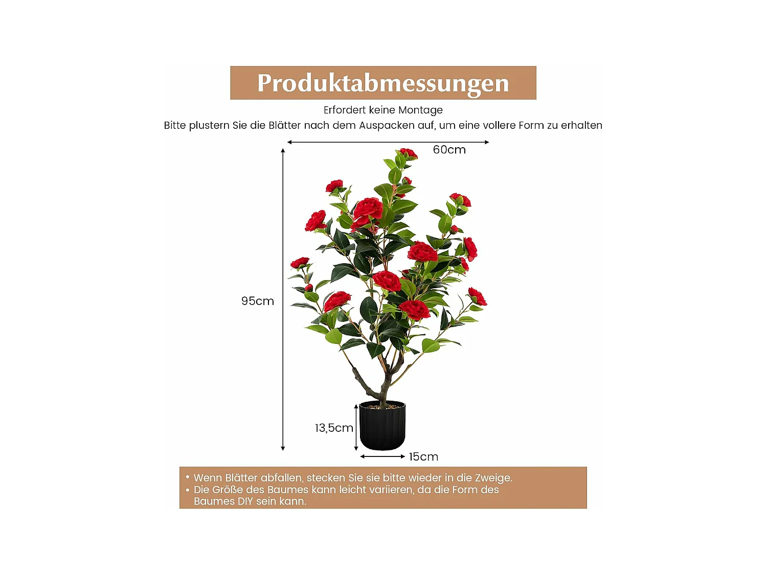 Set van 2 kunstboom met bloemen 95 cm, kunstmatige cameliaboom, kunstplant in pot, cameliaplant met 24 bloemen en natuurlijke stam,decoratieve plant (2, rood)