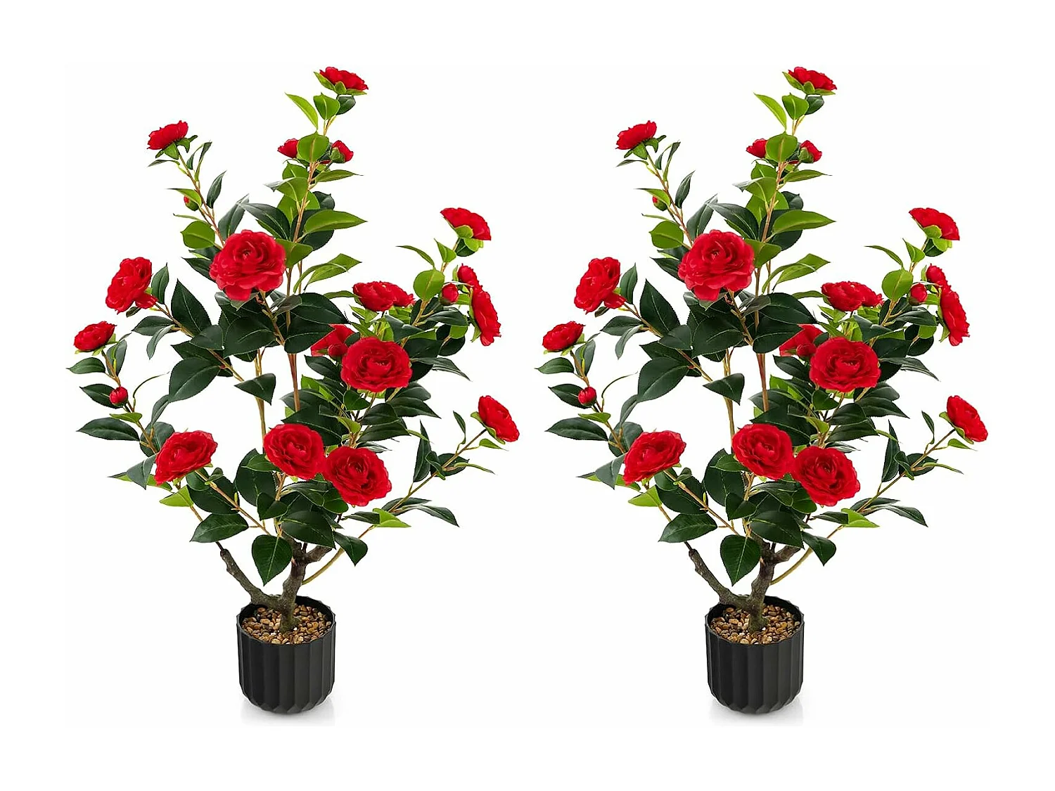 Set van 2 kunstboom met bloemen 95 cm, kunstmatige cameliaboom, kunstplant in pot, cameliaplant met 24 bloemen en natuurlijke stam,decoratieve plant (2, rood)