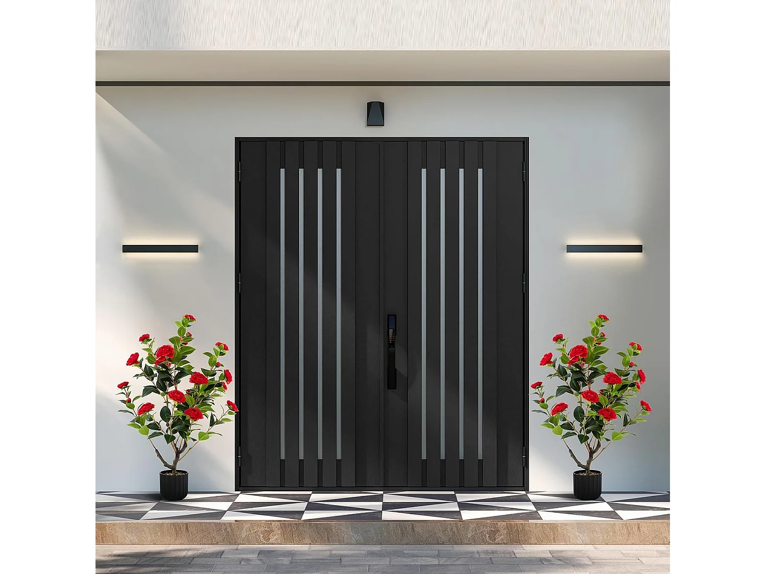 Set van 2 kunstboom met bloemen 95 cm, kunstmatige cameliaboom, kunstplant in pot, cameliaplant met 24 bloemen en natuurlijke stam,decoratieve plant (2, rood)