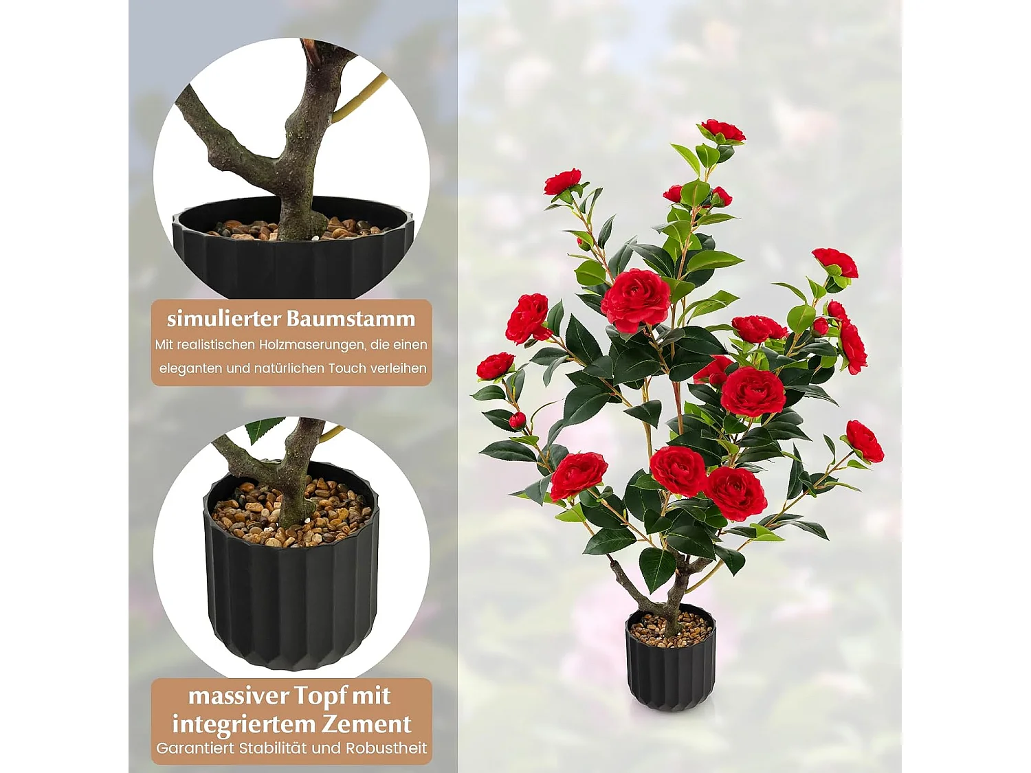 Set van 2 kunstboom met bloemen 95 cm, kunstmatige cameliaboom, kunstplant in pot, cameliaplant met 24 bloemen en natuurlijke stam,decoratieve plant (2, rood)