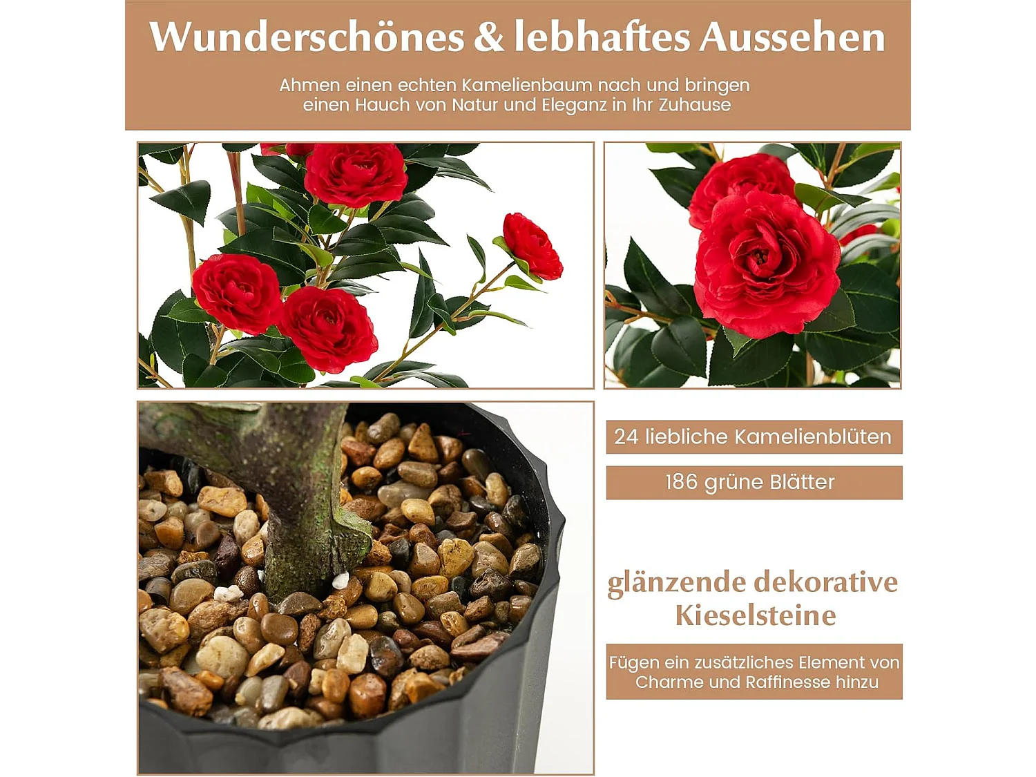 Set van 2 kunstboom met bloemen 95 cm, kunstmatige cameliaboom, kunstplant in pot, cameliaplant met 24 bloemen en natuurlijke stam,decoratieve plant (2, rood)