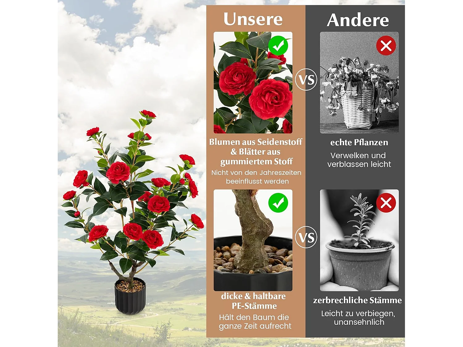 Set van 2 kunstboom met bloemen 95 cm, kunstmatige cameliaboom, kunstplant in pot, cameliaplant met 24 bloemen en natuurlijke stam,decoratieve plant (2, rood)