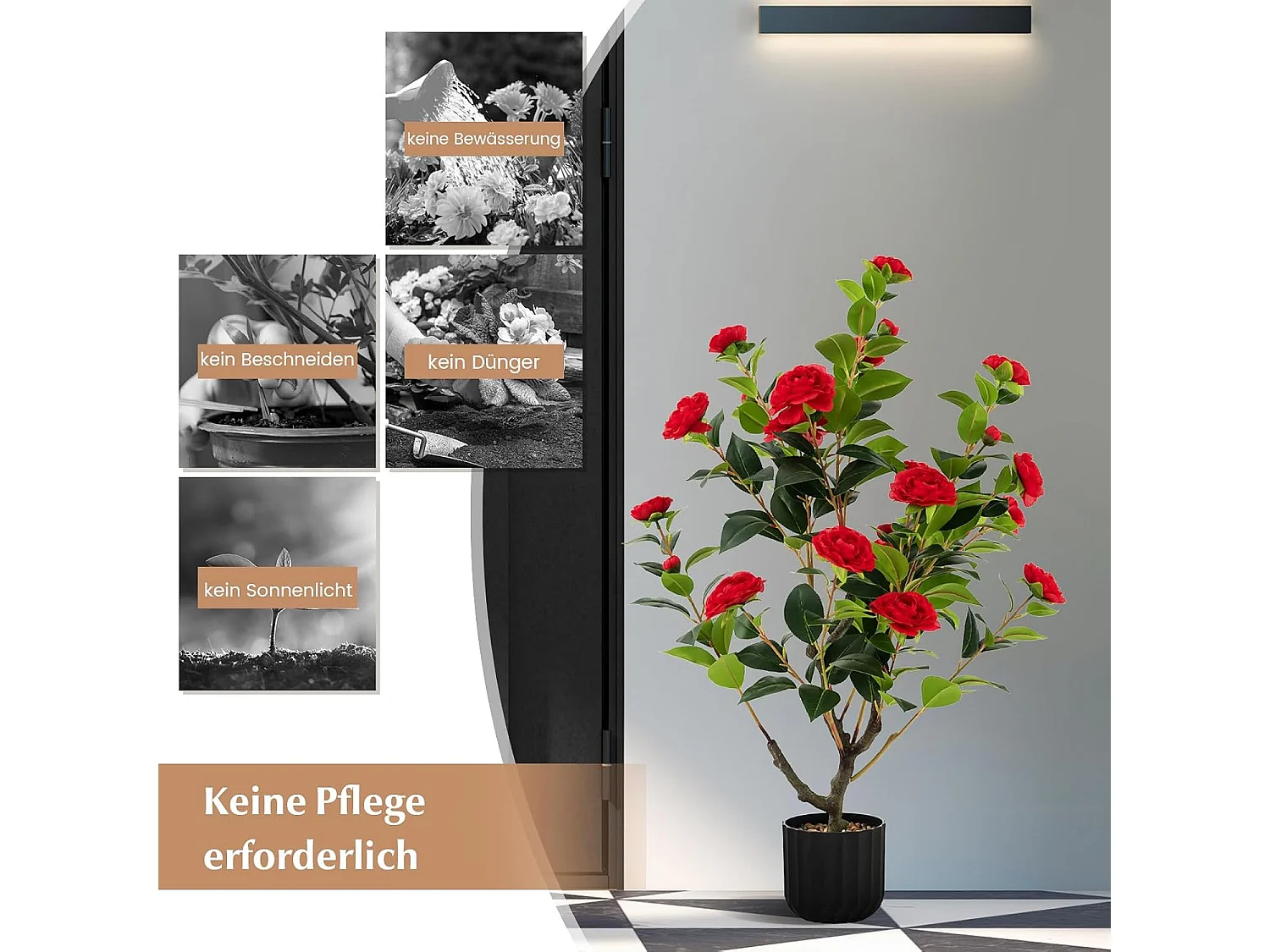 Set van 2 kunstboom met bloemen 95 cm, kunstmatige cameliaboom, kunstplant in pot, cameliaplant met 24 bloemen en natuurlijke stam,decoratieve plant (2, rood)