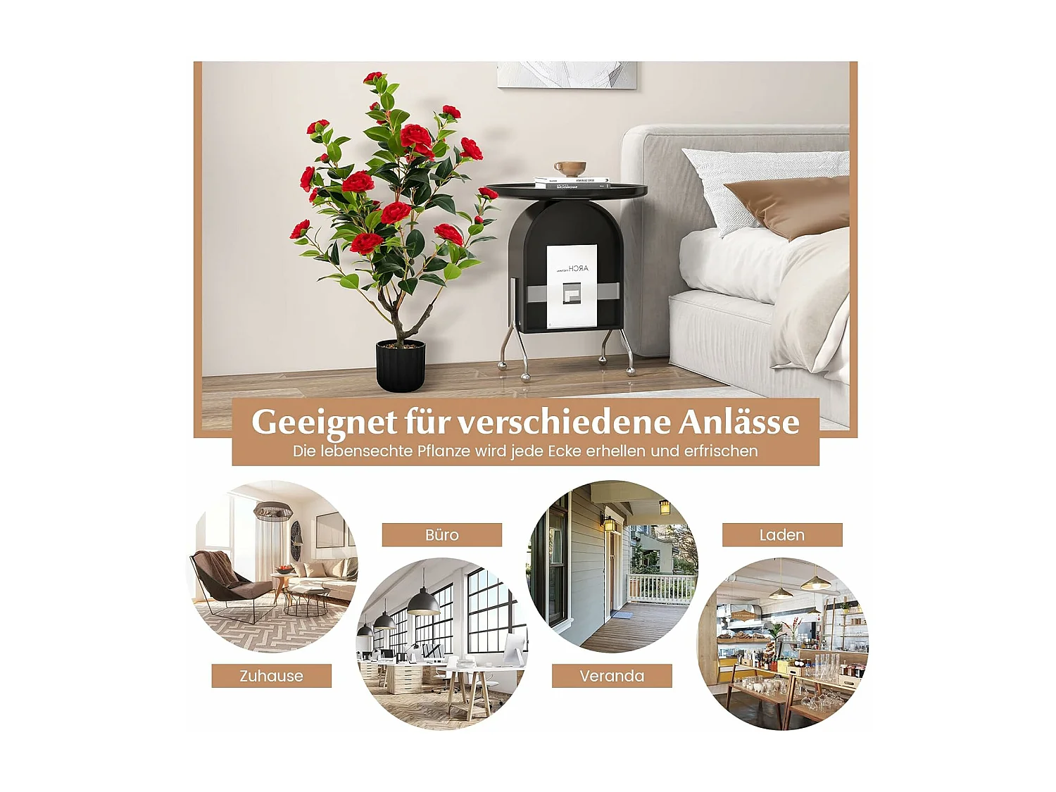 Set van 2 kunstboom met bloemen 95 cm, kunstmatige cameliaboom, kunstplant in pot, cameliaplant met 24 bloemen en natuurlijke stam,decoratieve plant (2, rood)