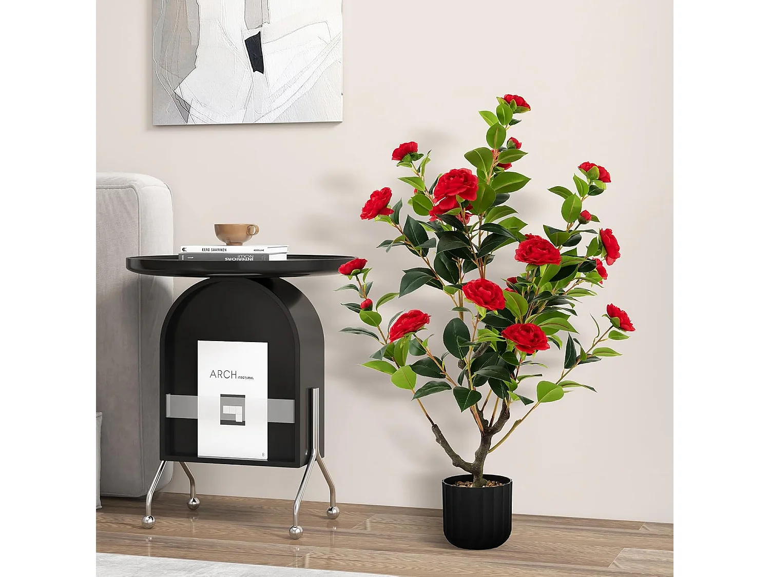 Set van 2 kunstboom met bloemen 95 cm, kunstmatige cameliaboom, kunstplant in pot, cameliaplant met 24 bloemen en natuurlijke stam,decoratieve plant (2, rood)