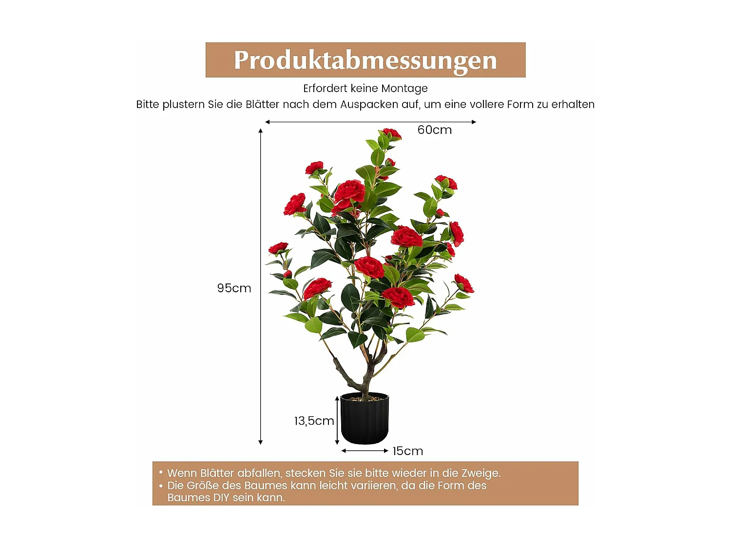Set van 2 kunstboom met bloemen 95 cm, kunstmatige cameliaboom, kunstplant in pot, cameliaplant met 24 bloemen en natuurlijke stam,decoratieve plant (2, rood)