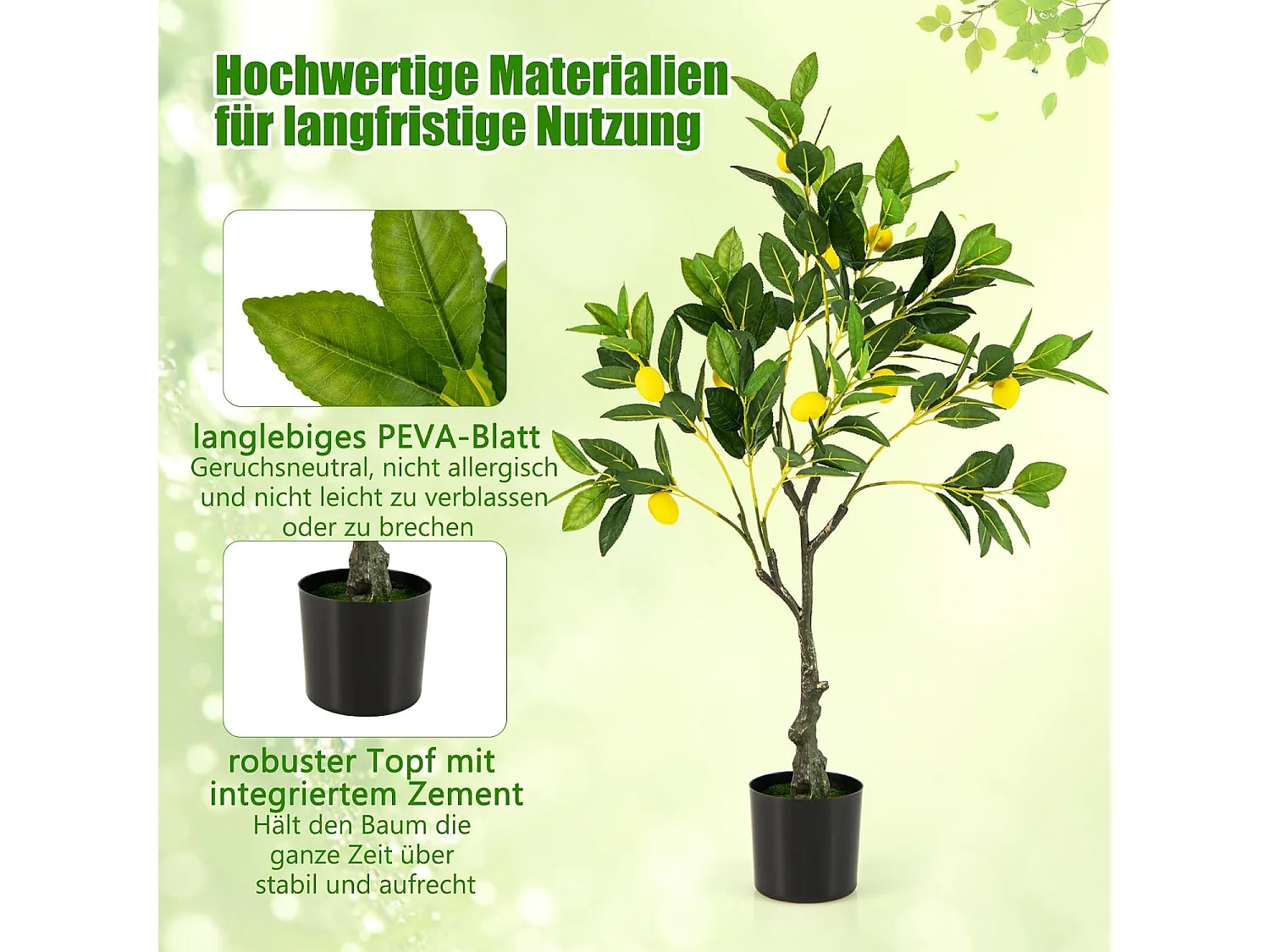Kunstmatige citroenboom, limonenboom met pot en 9 citroenen,kunstplant met vruchten, citrusplant, potplant, kamerplant, citroenboom voor thuis，groen + geel (80 cm)