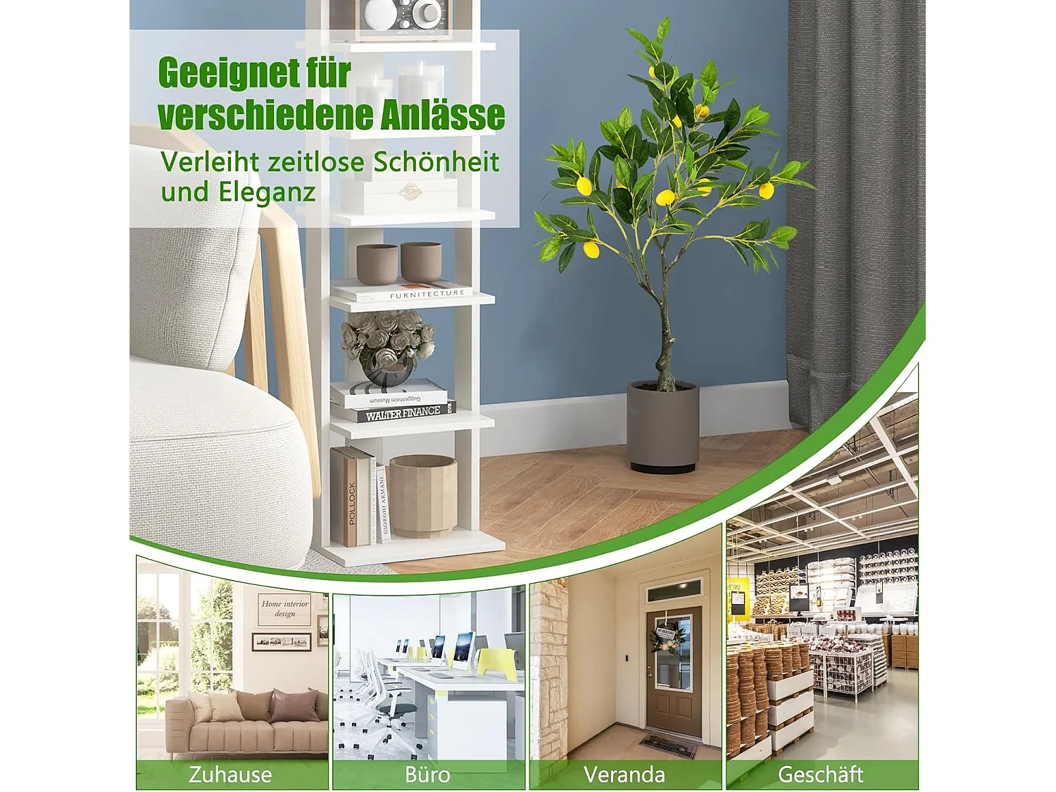 Kunstmatige citroenboom, limonenboom met pot en 9 citroenen,kunstplant met vruchten, citrusplant, potplant, kamerplant, citroenboom voor thuis，groen + geel (80 cm)