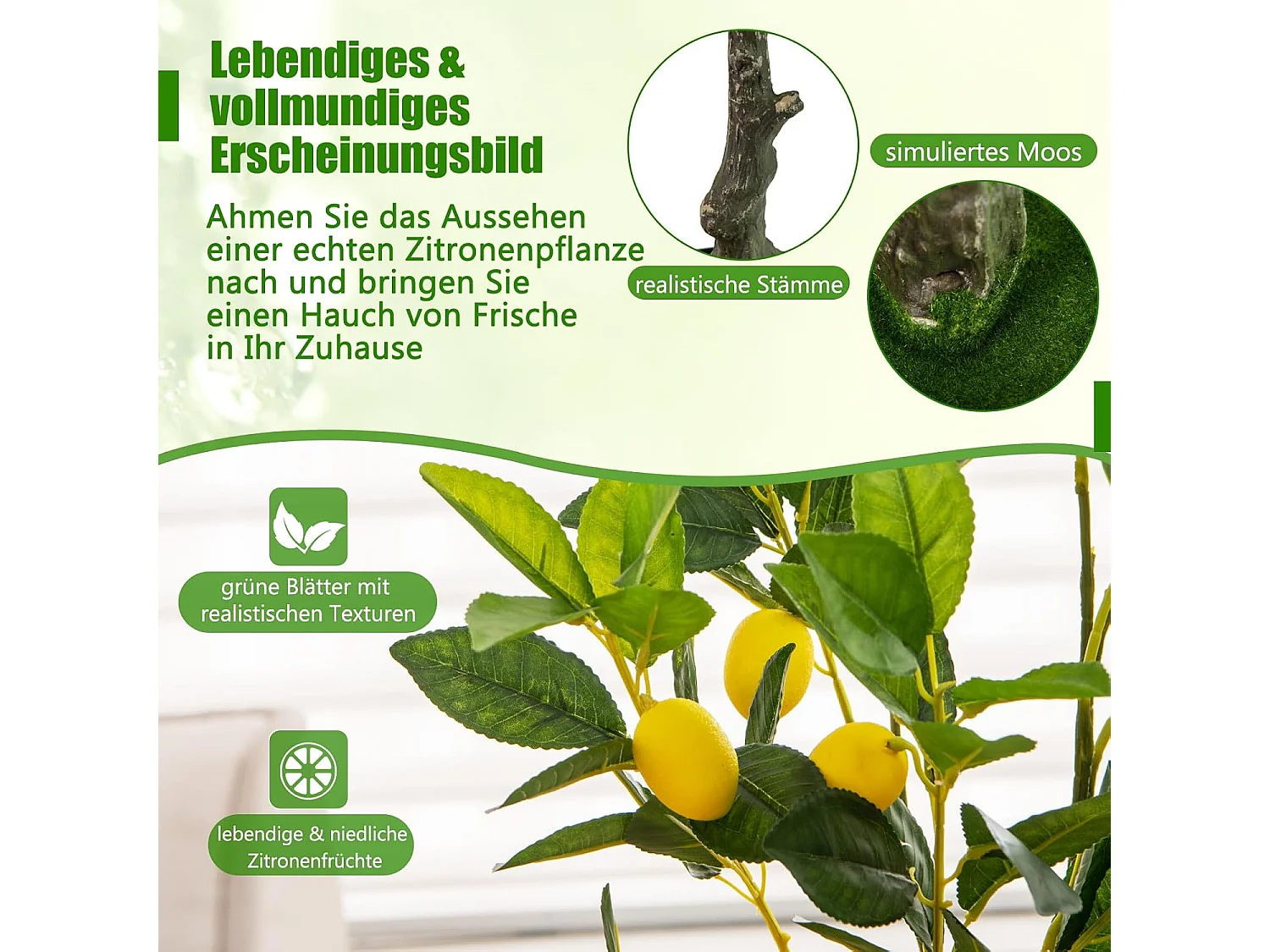 Kunstmatige citroenboom, limonenboom met pot en 9 citroenen,kunstplant met vruchten, citrusplant, potplant, kamerplant, citroenboom voor thuis，groen + geel (80 cm)