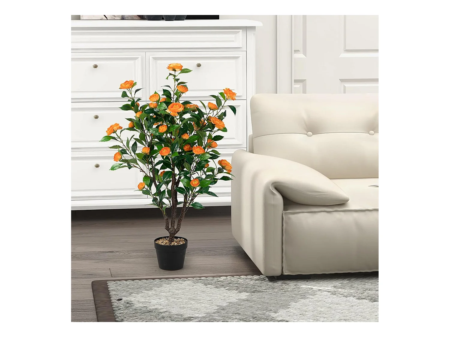 100 cm kunstboom met bloemen, kunstmatige cameliaboom, kunstplant in pot, cameliaplant met 37 bloemen en natuurlijke stam, kunstbloem voor thuis,decoratieve plant