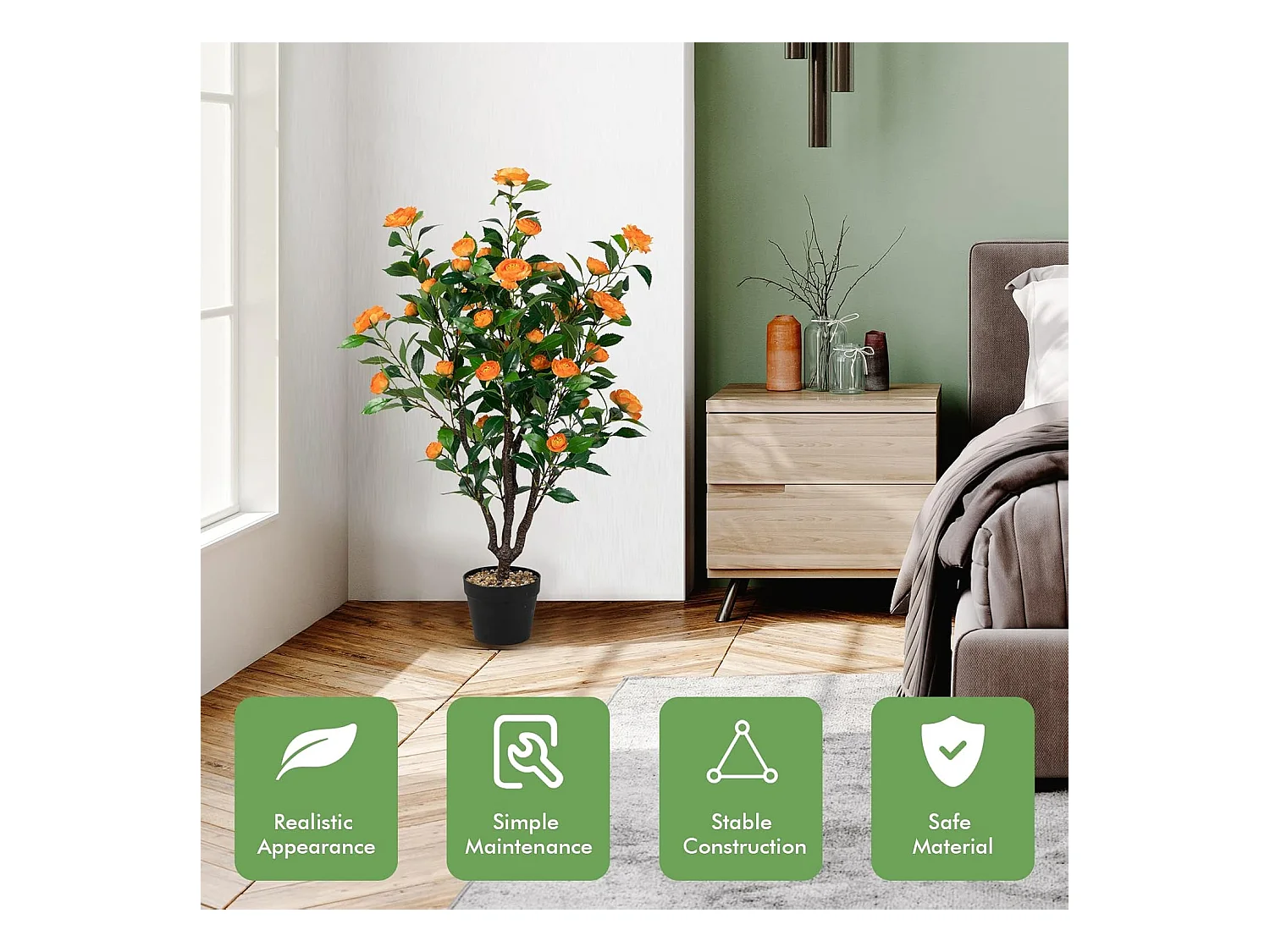 100 cm kunstboom met bloemen, kunstmatige cameliaboom, kunstplant in pot, cameliaplant met 37 bloemen en natuurlijke stam, kunstbloem voor thuis,decoratieve plant