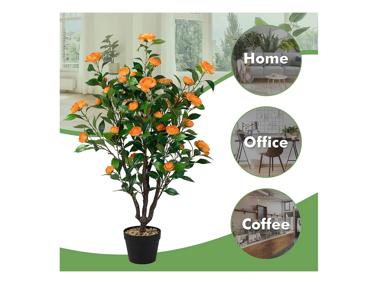 100 cm kunstboom met bloemen, kunstmatige cameliaboom, kunstplant in pot, cameliaplant met 37 bloemen en natuurlijke stam, kunstbloem voor thuis,decoratieve plant