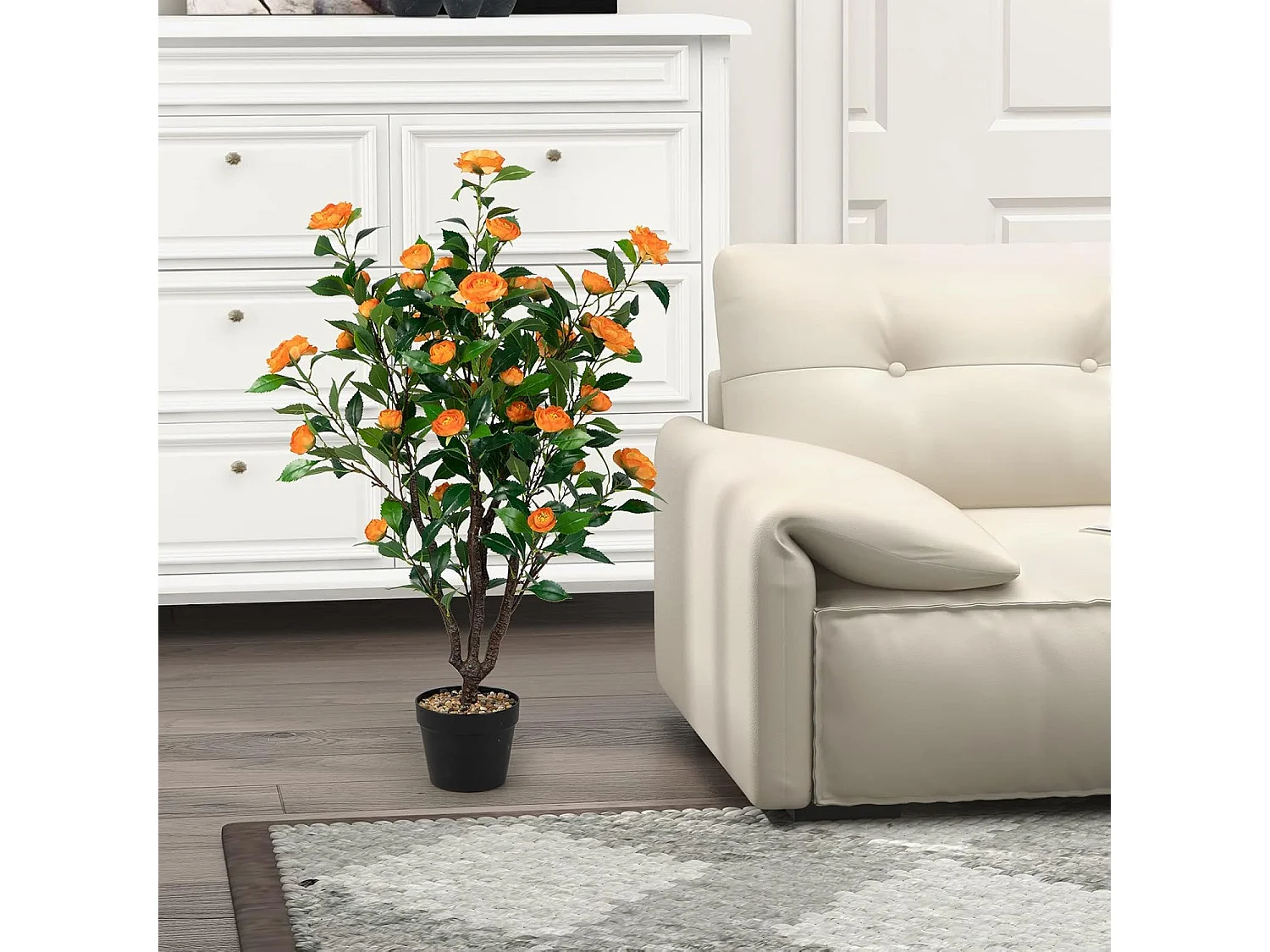 100 cm kunstboom met bloemen, kunstmatige cameliaboom, kunstplant in pot, cameliaplant met 37 bloemen en natuurlijke stam, kunstbloem voor thuis,decoratieve plant