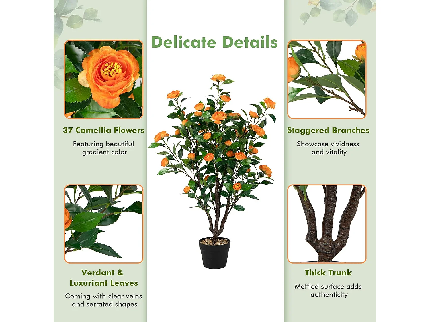 100 cm kunstboom met bloemen, kunstmatige cameliaboom, kunstplant in pot, cameliaplant met 37 bloemen en natuurlijke stam, kunstbloem voor thuis,decoratieve plant