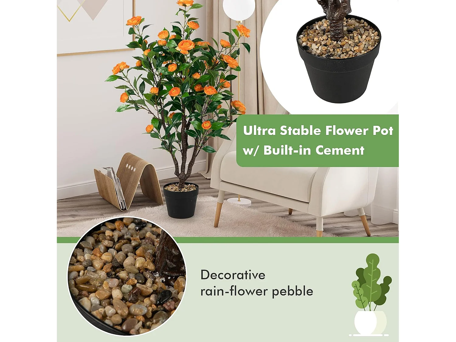 100 cm kunstboom met bloemen, kunstmatige cameliaboom, kunstplant in pot, cameliaplant met 37 bloemen en natuurlijke stam, kunstbloem voor thuis,decoratieve plant