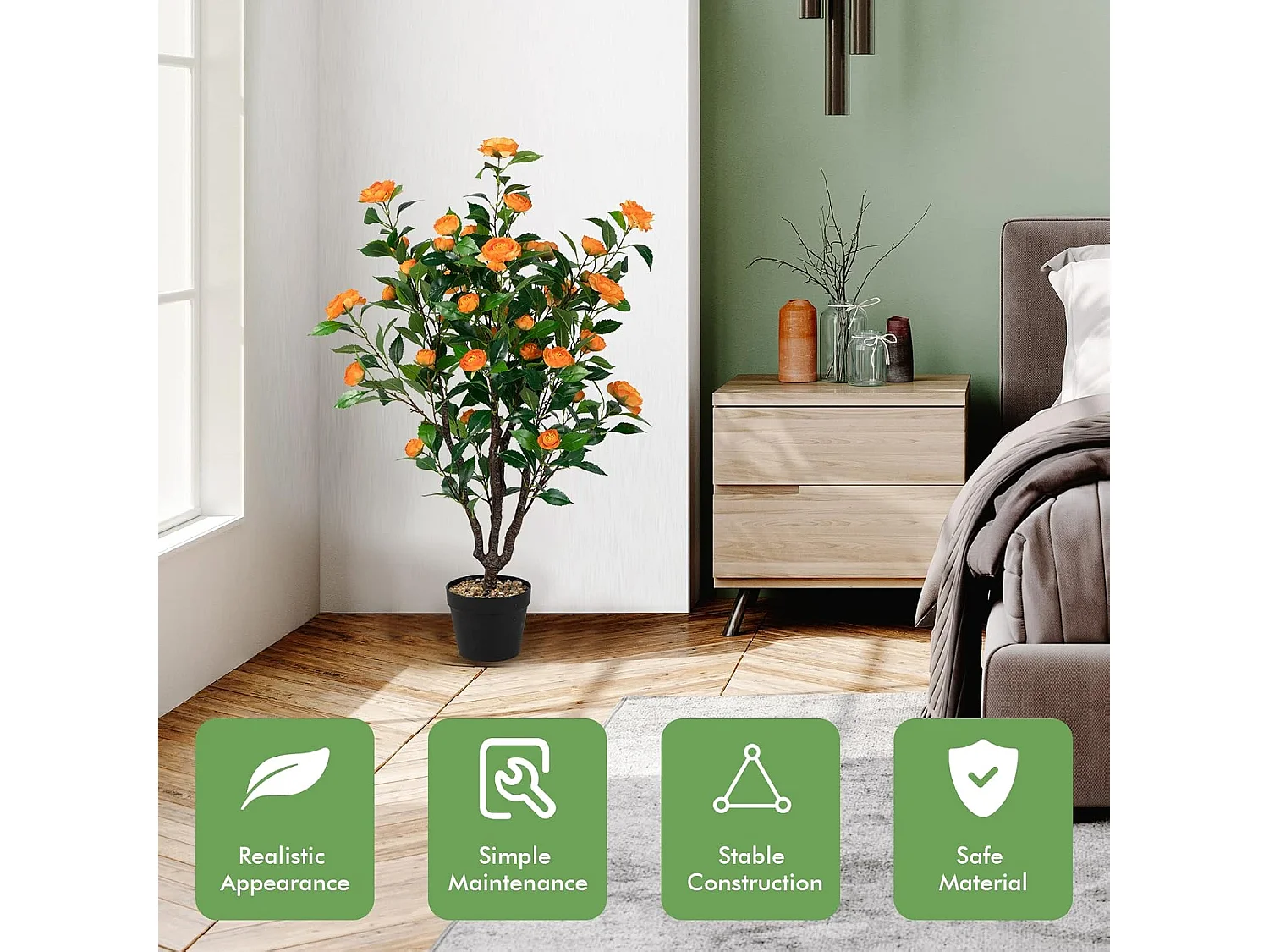 100 cm kunstboom met bloemen, kunstmatige cameliaboom, kunstplant in pot, cameliaplant met 37 bloemen en natuurlijke stam, kunstbloem voor thuis,decoratieve plant