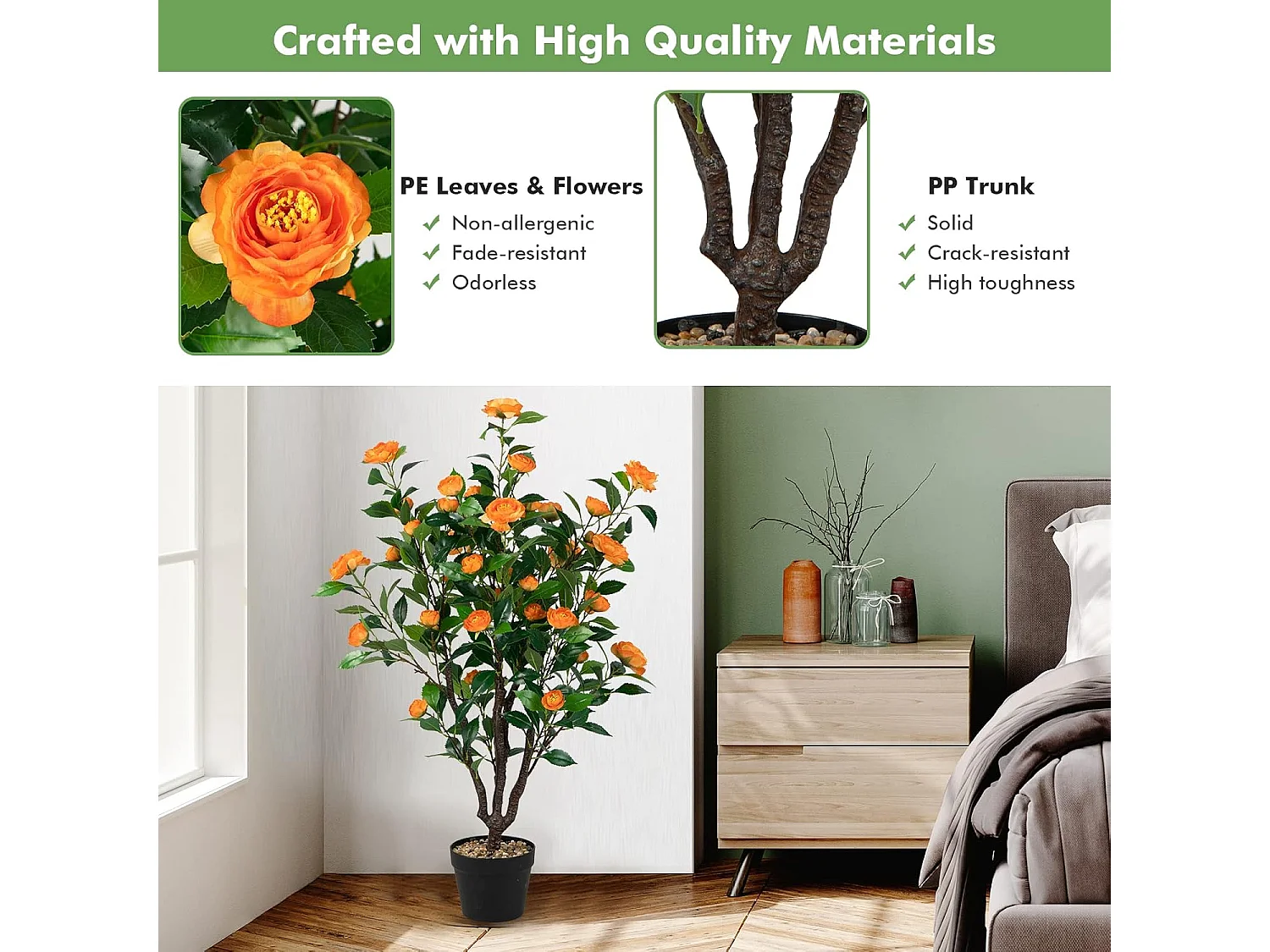 100 cm kunstboom met bloemen, kunstmatige cameliaboom, kunstplant in pot, cameliaplant met 37 bloemen en natuurlijke stam, kunstbloem voor thuis,decoratieve plant