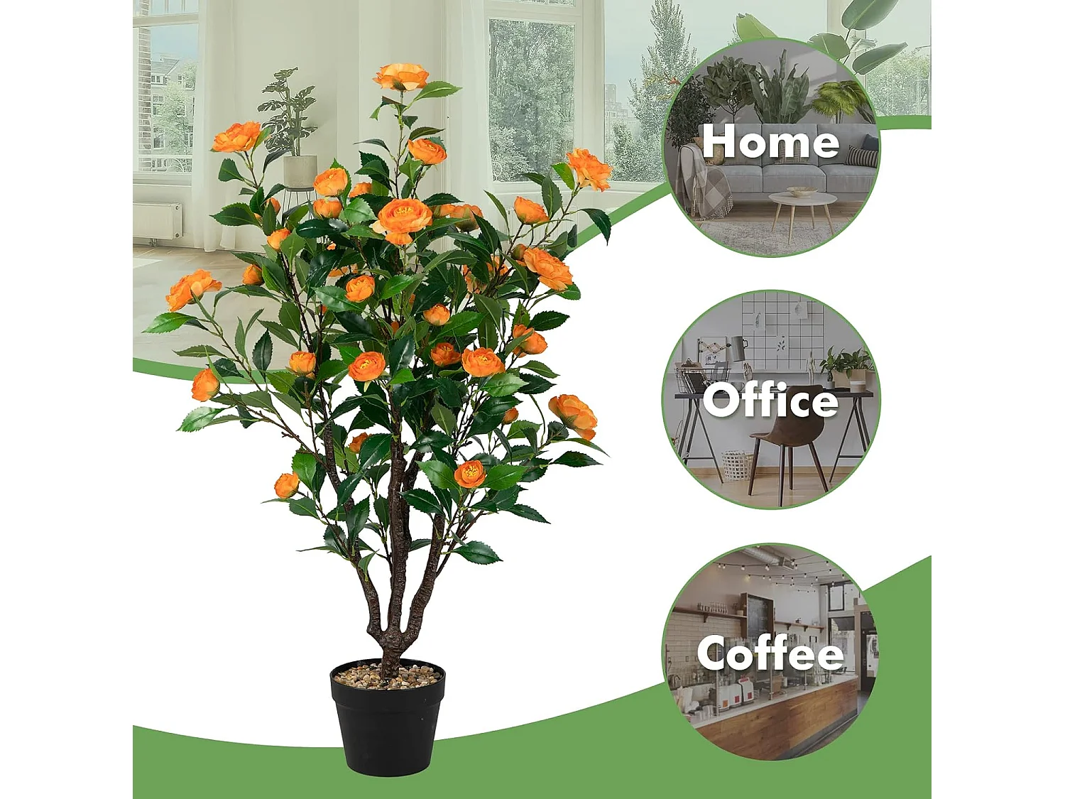 100 cm kunstboom met bloemen, kunstmatige cameliaboom, kunstplant in pot, cameliaplant met 37 bloemen en natuurlijke stam, kunstbloem voor thuis,decoratieve plant