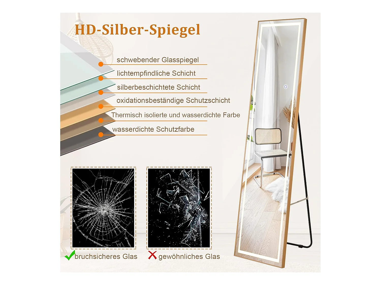 Volledige spiegel met ledverlichting, 155x37 cm,2-in-1 staande spiegel, wandspiegel,garderobespiegel met goudkleurig aluminium frame, voor hal, slaapkamer,TL32344