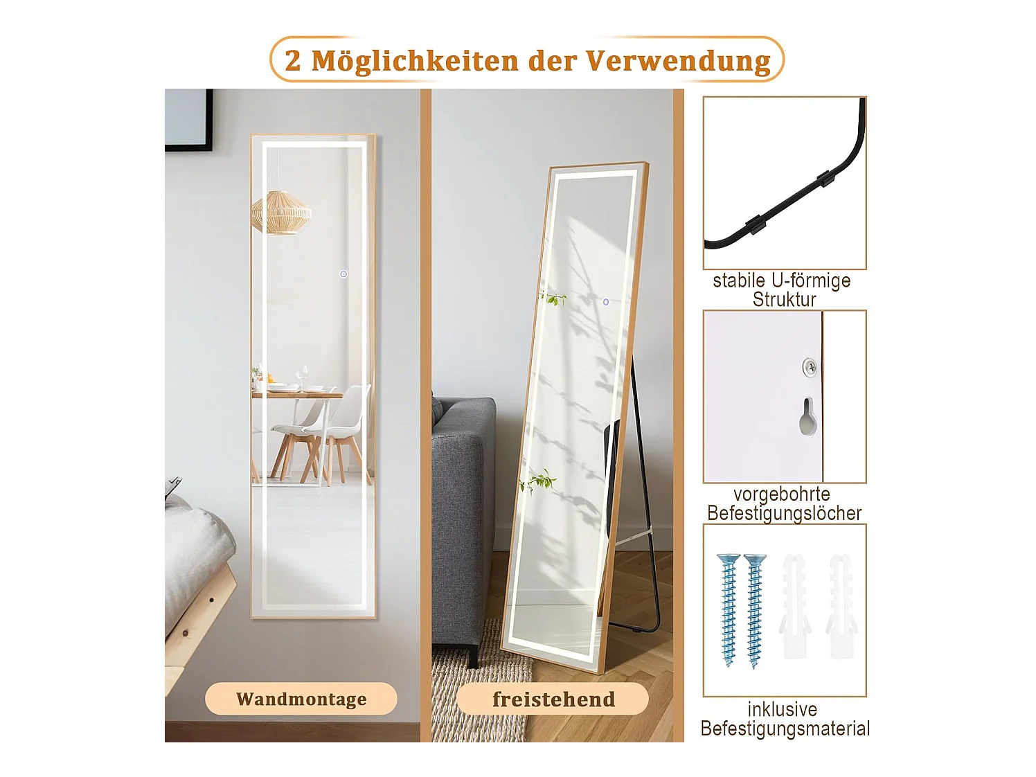 Volledige spiegel met ledverlichting, 155x37 cm,2-in-1 staande spiegel, wandspiegel,garderobespiegel met goudkleurig aluminium frame, voor hal, slaapkamer,TL32344