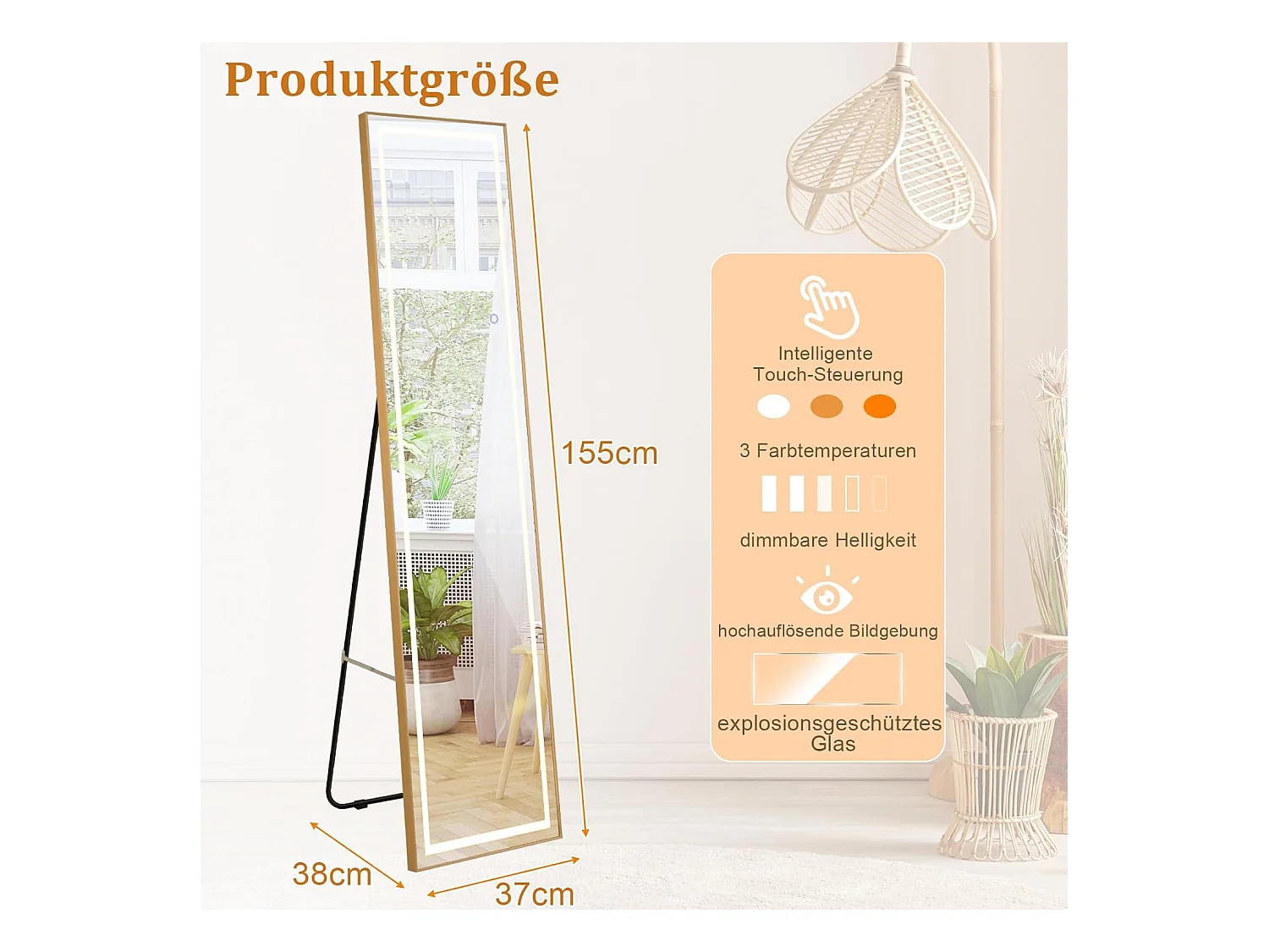 Volledige spiegel met ledverlichting, 155x37 cm,2-in-1 staande spiegel, wandspiegel,garderobespiegel met goudkleurig aluminium frame, voor hal, slaapkamer,TL32344