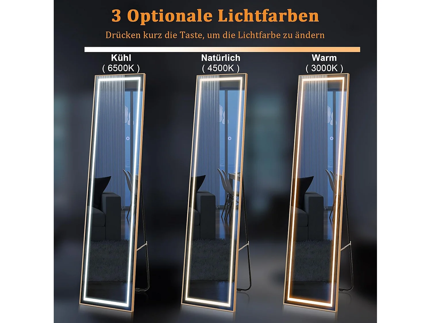 Volledige spiegel met ledverlichting, 155x37 cm,2-in-1 staande spiegel, wandspiegel,garderobespiegel met goudkleurig aluminium frame, voor hal, slaapkamer,TL32344