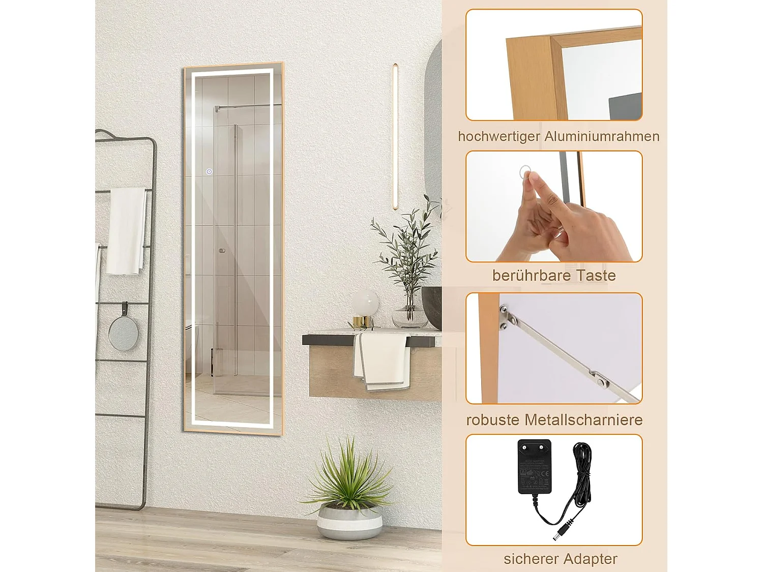 Volledige spiegel met ledverlichting, 155x37 cm,2-in-1 staande spiegel, wandspiegel,garderobespiegel met goudkleurig aluminium frame, voor hal, slaapkamer,TL32344