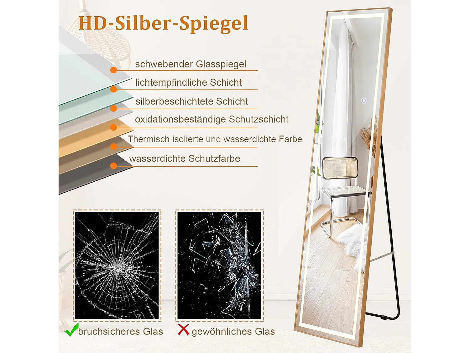Volledige spiegel met ledverlichting, 155x37 cm,2-in-1 staande spiegel, wandspiegel,garderobespiegel met goudkleurig aluminium frame, voor hal, slaapkamer,TL32344