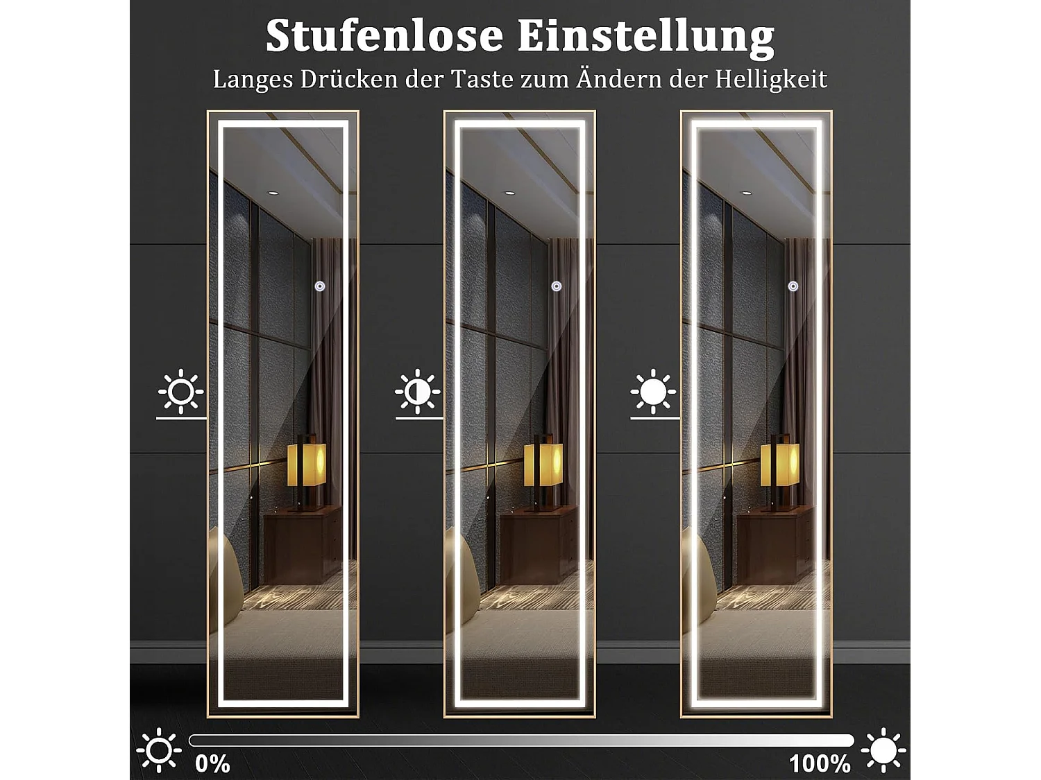 Volledige spiegel met ledverlichting, 155x37 cm,2-in-1 staande spiegel, wandspiegel,garderobespiegel met goudkleurig aluminium frame, voor hal, slaapkamer,TL32344