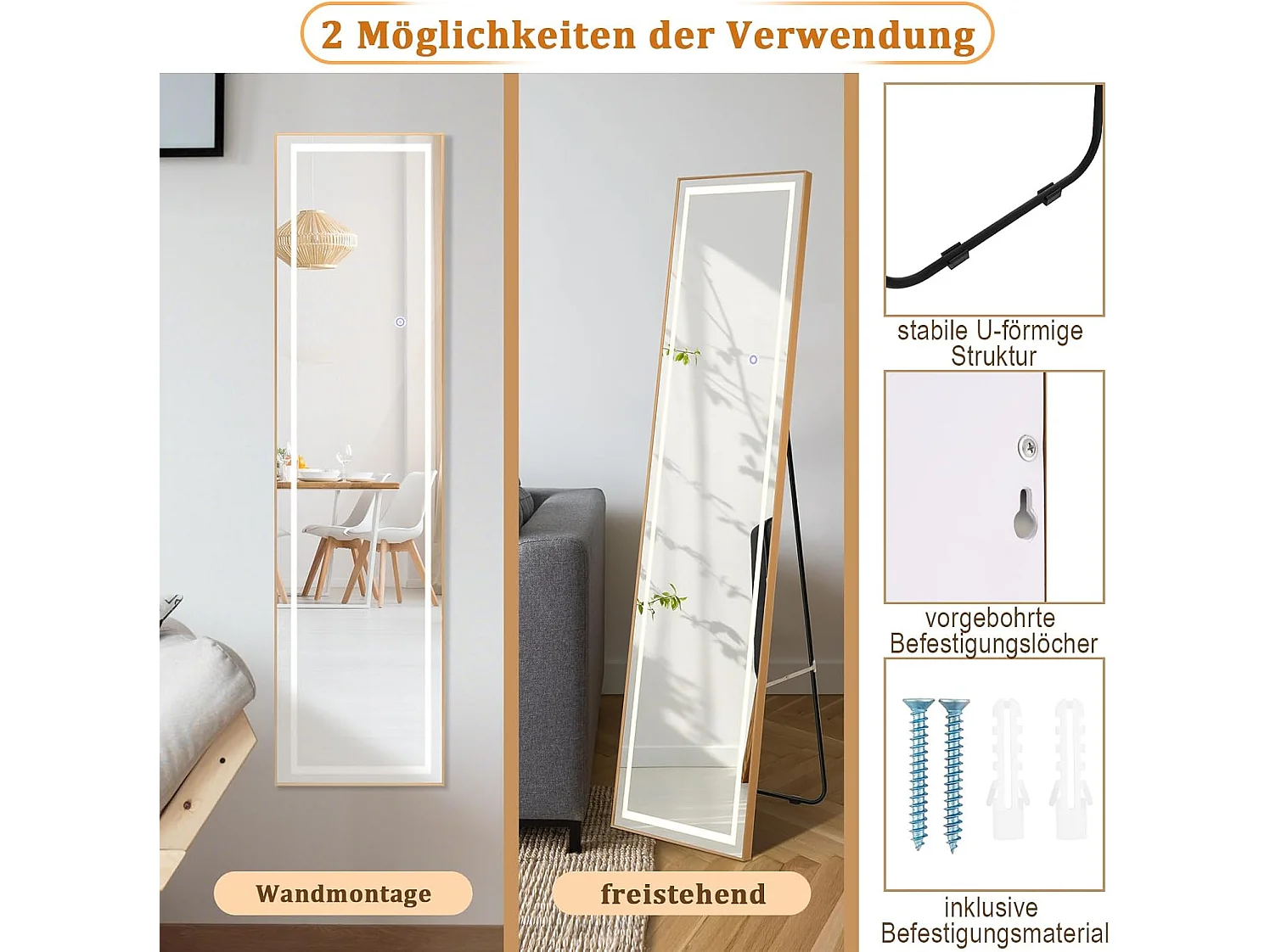 Volledige spiegel met ledverlichting, 155x37 cm,2-in-1 staande spiegel, wandspiegel,garderobespiegel met goudkleurig aluminium frame, voor hal, slaapkamer,TL32344