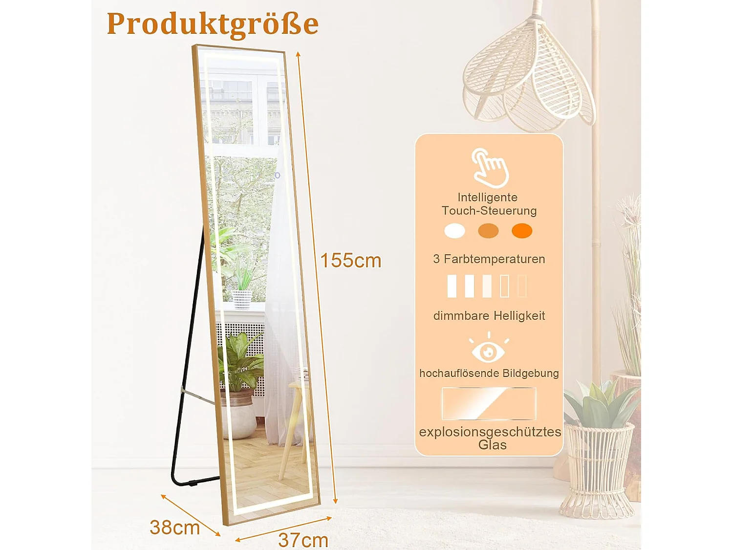 Volledige spiegel met ledverlichting, 155x37 cm,2-in-1 staande spiegel, wandspiegel,garderobespiegel met goudkleurig aluminium frame, voor hal, slaapkamer,TL32344