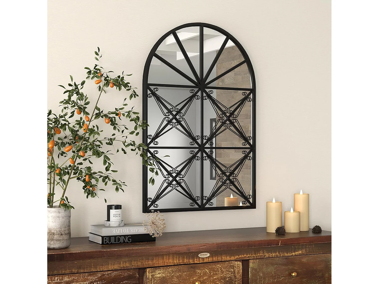 Wandspiegel met raamlook, 58 x 87 cm, raamspiegel metaal, decoratieve spiegel met haken, decoratieve hangspiegel,hal, slaapkamer en woonkamer, zwartTL32452