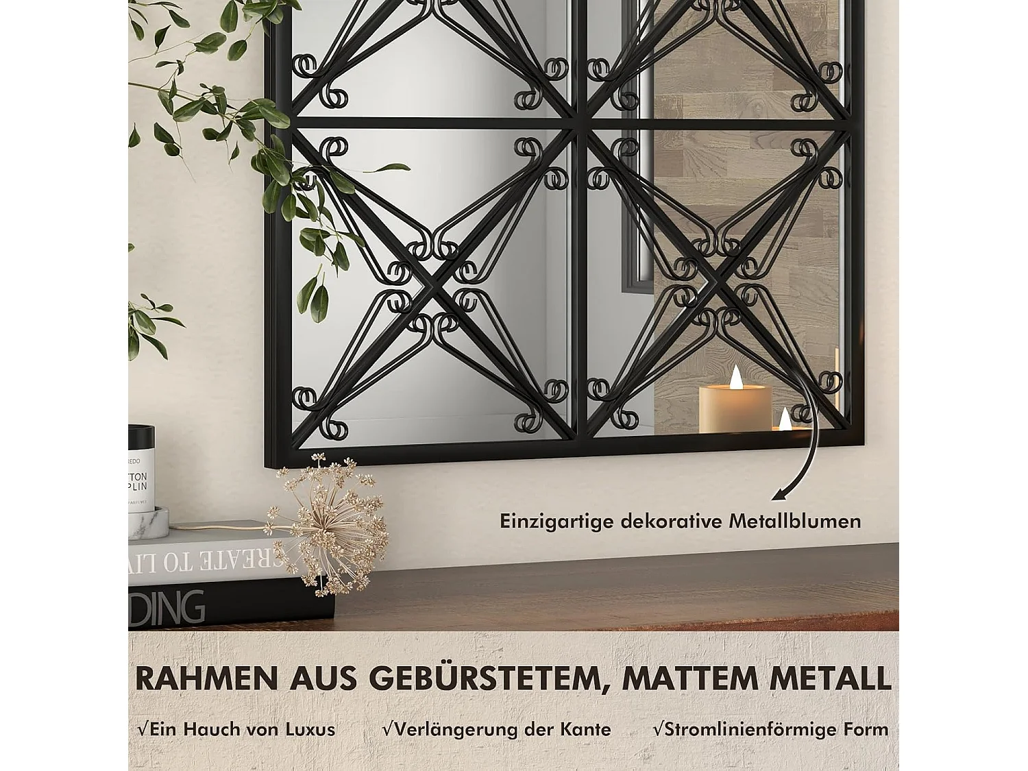 Wandspiegel met raamlook, 58 x 87 cm, raamspiegel metaal, decoratieve spiegel met haken, decoratieve hangspiegel,hal, slaapkamer en woonkamer, zwartTL32452