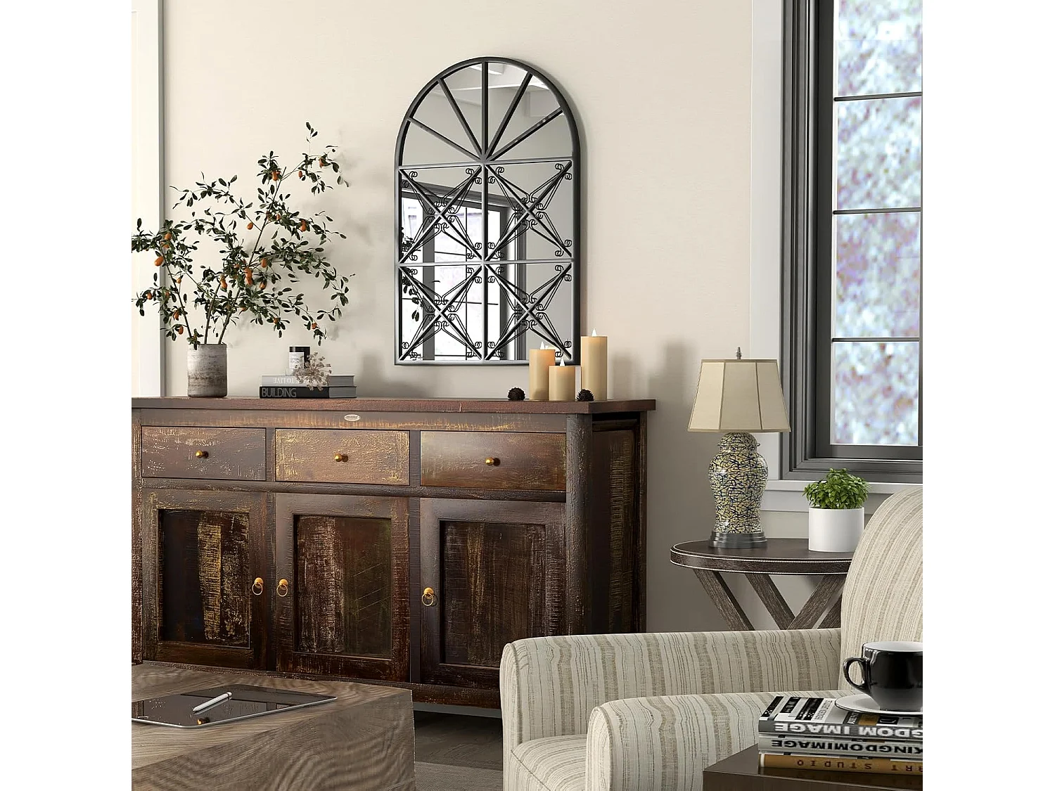 Wandspiegel met raamlook, 58 x 87 cm, raamspiegel metaal, decoratieve spiegel met haken, decoratieve hangspiegel,hal, slaapkamer en woonkamer, zwartTL32452