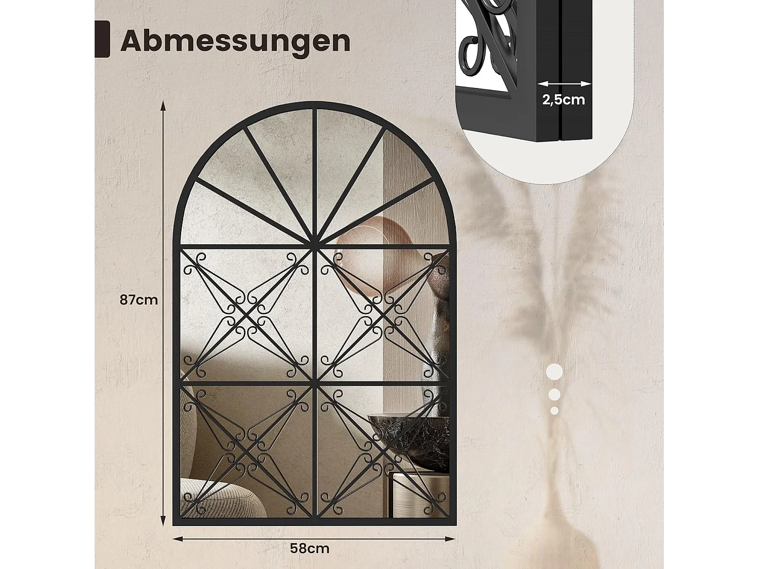 Wandspiegel met raamlook, 58 x 87 cm, raamspiegel metaal, decoratieve spiegel met haken, decoratieve hangspiegel,hal, slaapkamer en woonkamer, zwartTL32452