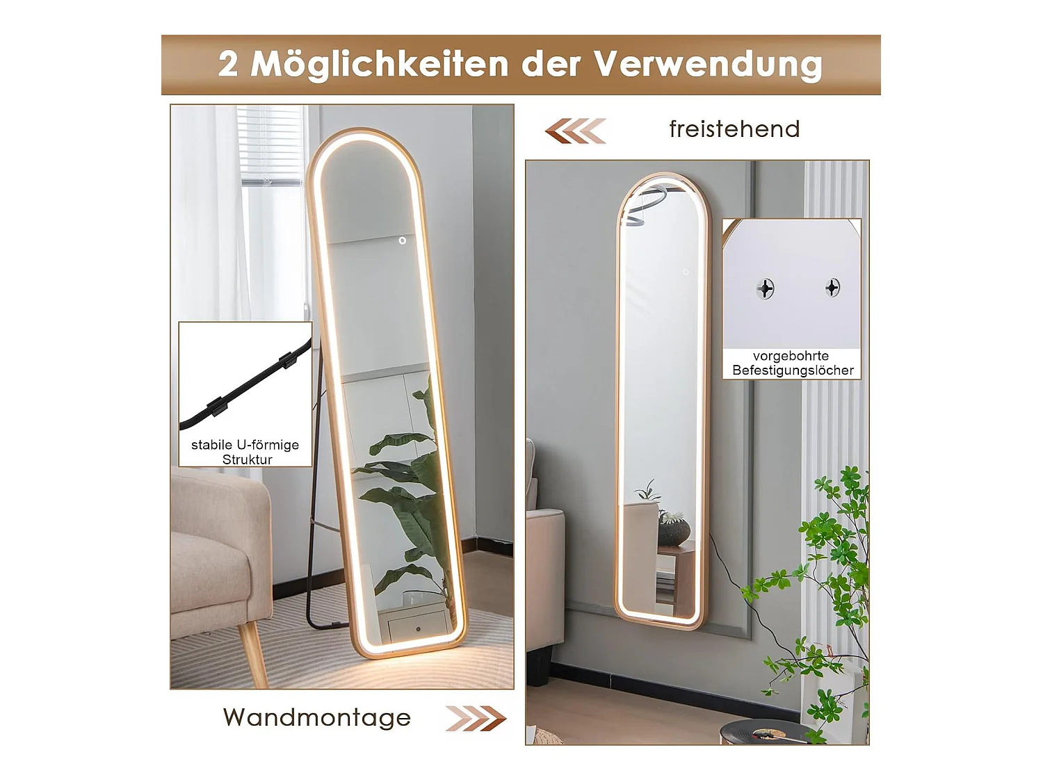 Volledige spiegel met ledverlichting, 155 x 37 cm,2-in-1 staande spiegel, wandspiegel,garderobespiegel met goudkleurig aluminium frame, voor hal,slaapkamer,TL32357