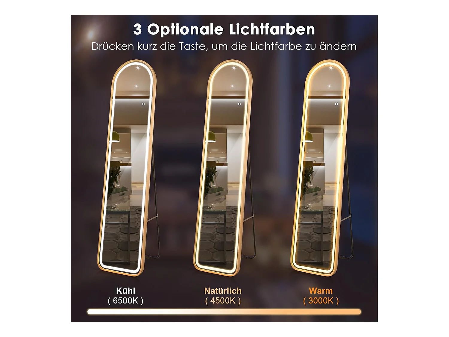 Volledige spiegel met ledverlichting, 155 x 37 cm,2-in-1 staande spiegel, wandspiegel,garderobespiegel met goudkleurig aluminium frame, voor hal,slaapkamer,TL32357