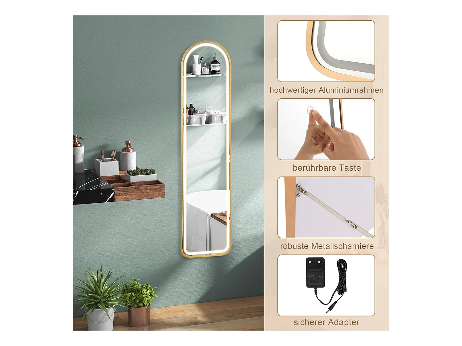 Volledige spiegel met ledverlichting, 155 x 37 cm,2-in-1 staande spiegel, wandspiegel,garderobespiegel met goudkleurig aluminium frame, voor hal,slaapkamer,TL32357