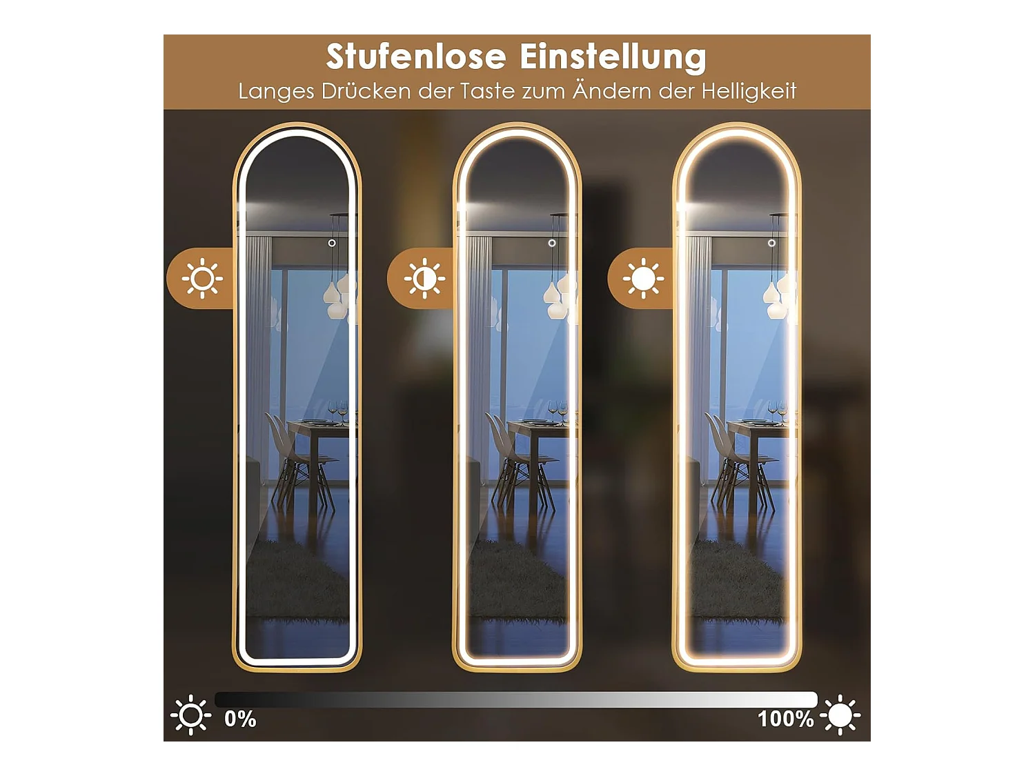 Volledige spiegel met ledverlichting, 155 x 37 cm,2-in-1 staande spiegel, wandspiegel,garderobespiegel met goudkleurig aluminium frame, voor hal,slaapkamer,TL32357