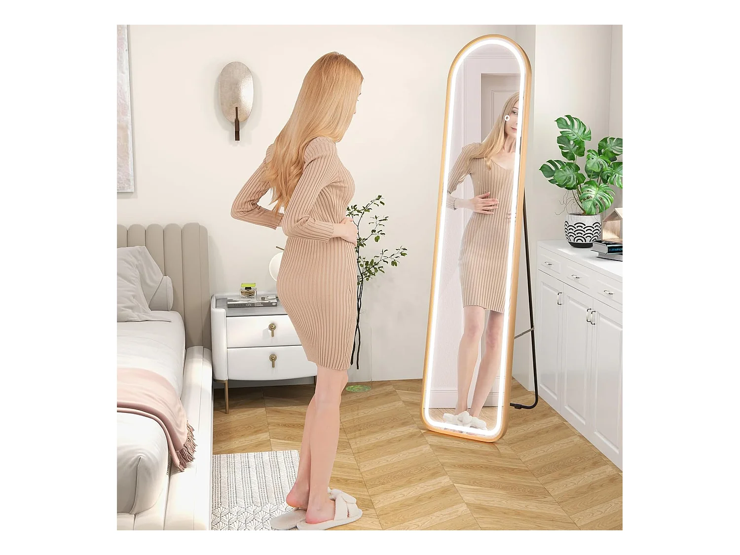 Volledige spiegel met ledverlichting, 155 x 37 cm,2-in-1 staande spiegel, wandspiegel,garderobespiegel met goudkleurig aluminium frame, voor hal,slaapkamer,TL32357