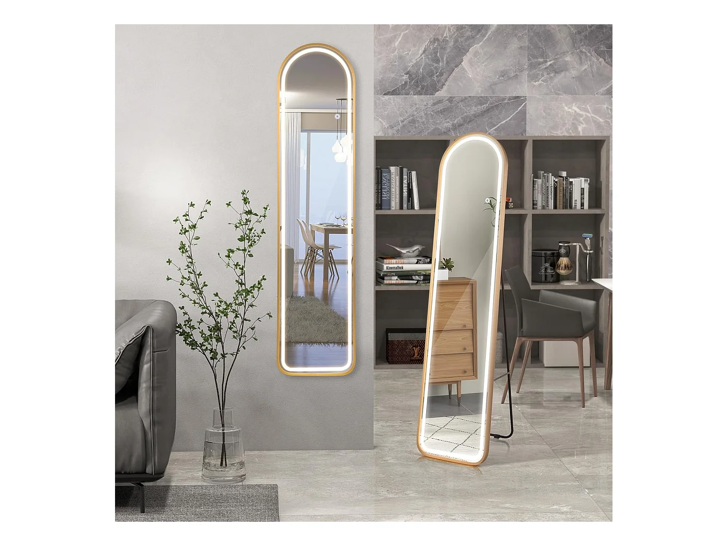 Volledige spiegel met ledverlichting, 155 x 37 cm,2-in-1 staande spiegel, wandspiegel,garderobespiegel met goudkleurig aluminium frame, voor hal,slaapkamer,TL32357